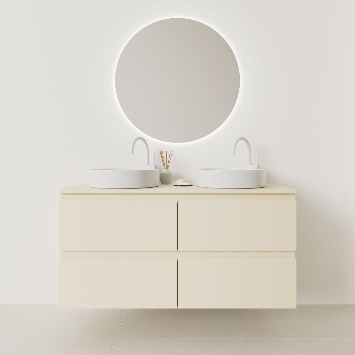 meuble salle de bain marco 120 cm double vasque suspendu sable prise de main vue face