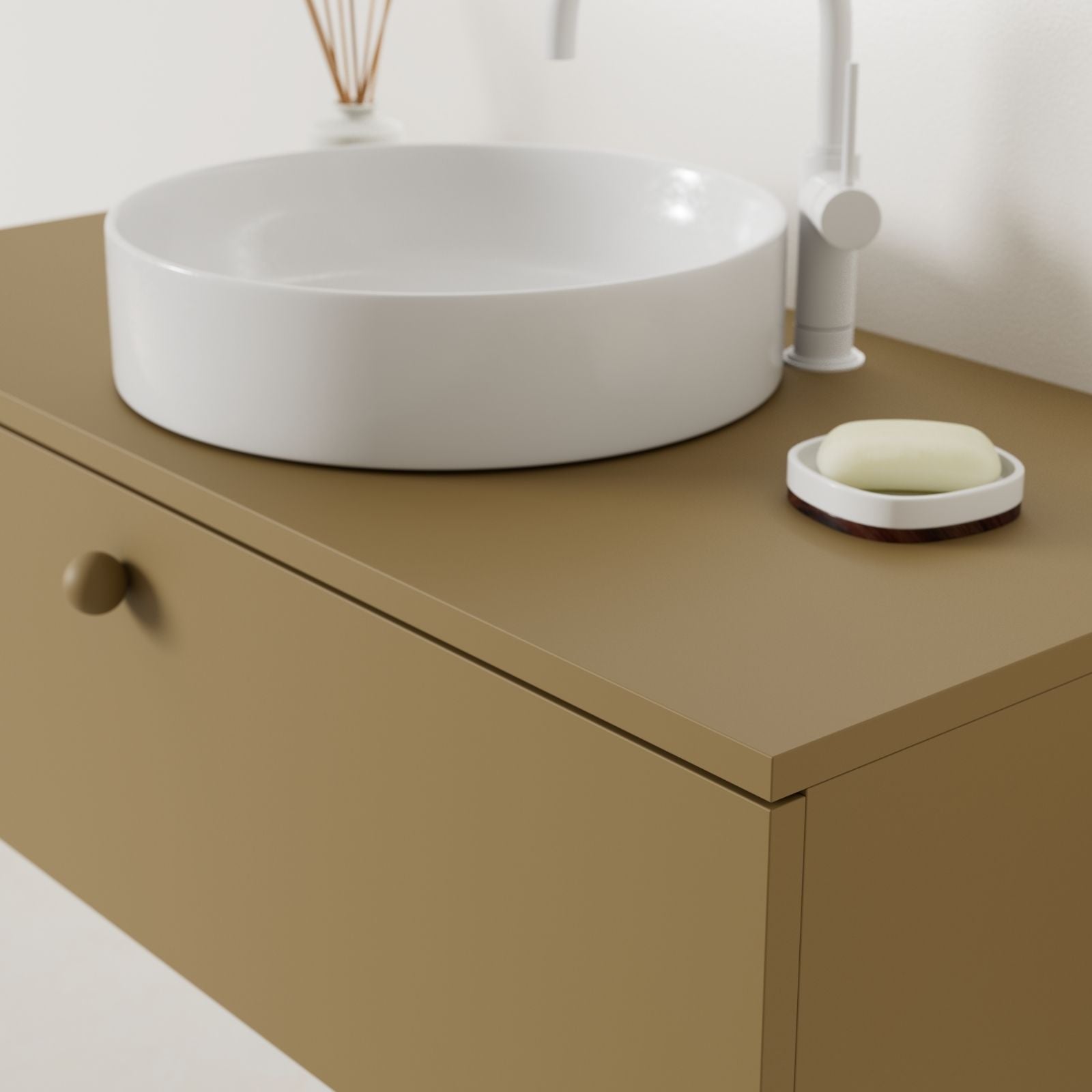 meuble salle de bain mino 100 cm ocre avec vasque posé vue angle