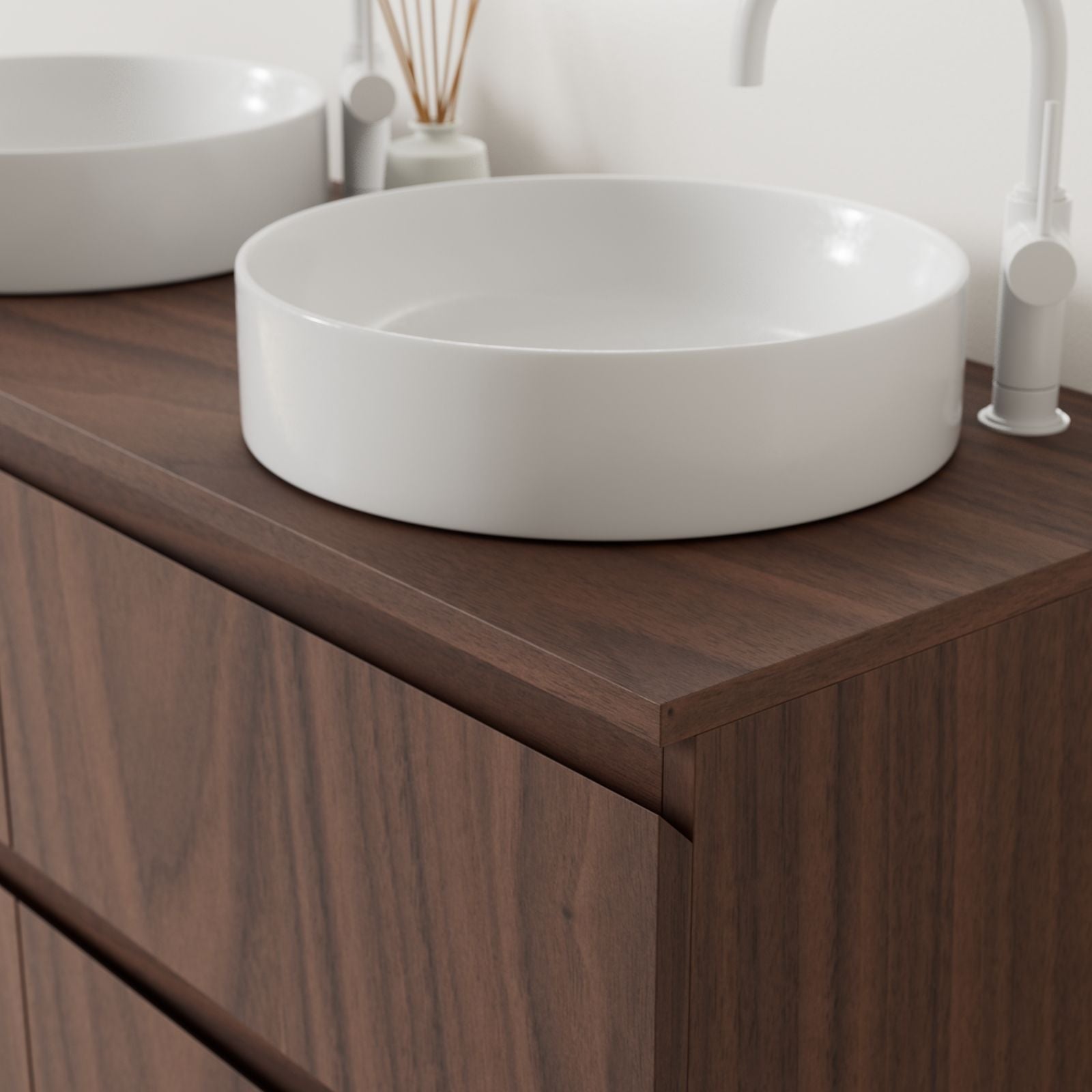 meuble salle de bain marco noyer 120 cm poignées intégrées avec double vasque à poser vue angle