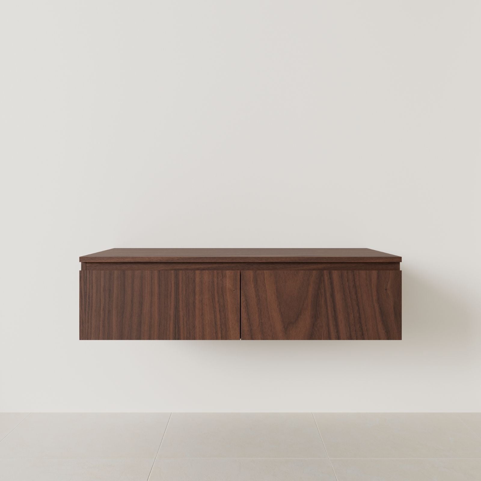 meuble salle de bain mino 120 cm double vasque suspendu noyer poignées intégrées vue face.