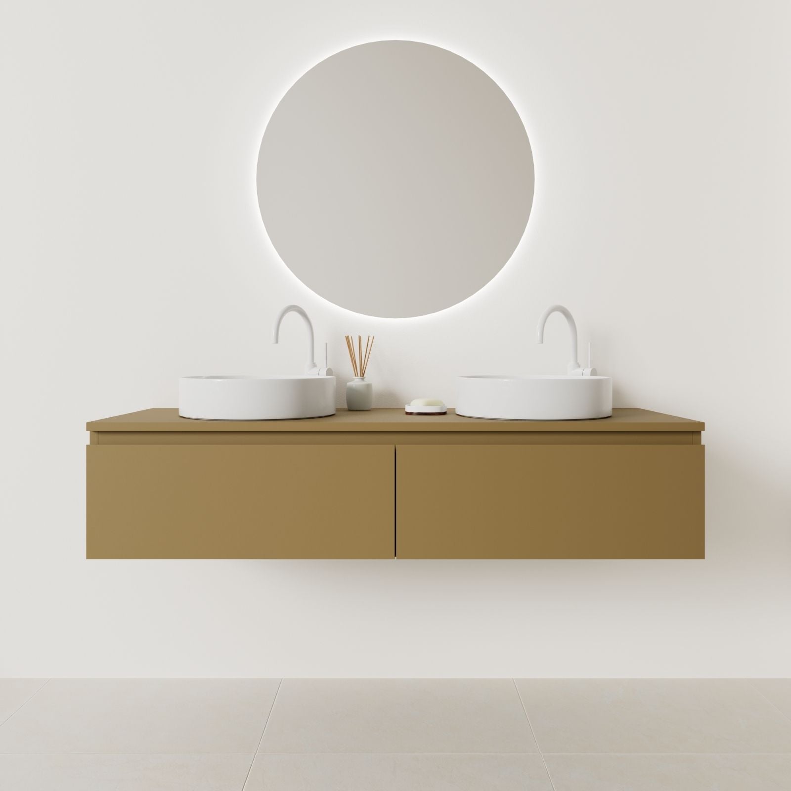 meuble salle de bain mino 140 cm double vasque suspendu ocre prise de main vue face