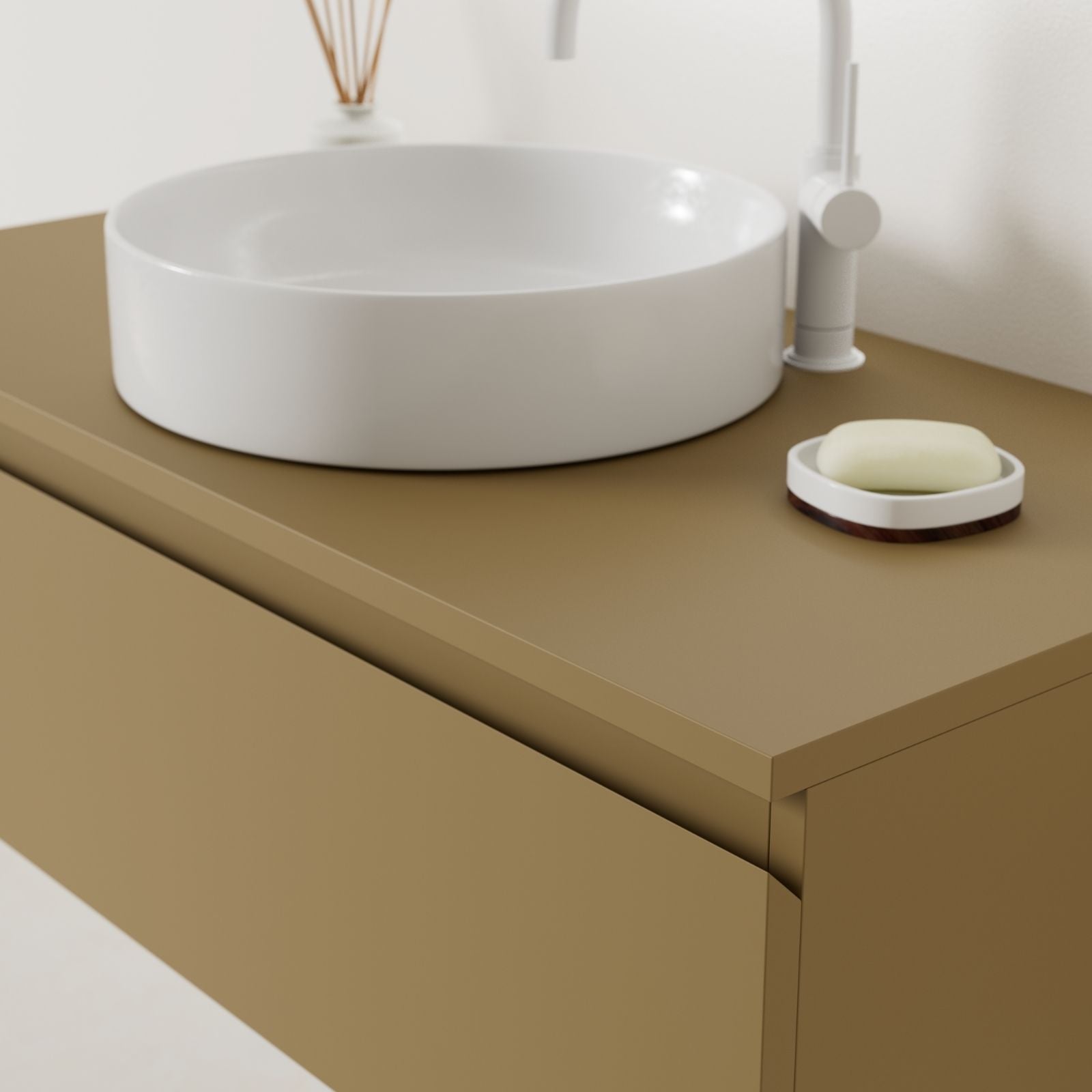 meuble salle de bain mino 100 cm ocre poignées intégrées avec vasque posé vue angle