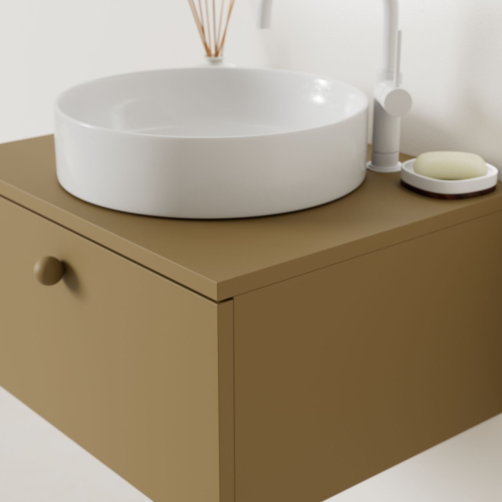 meuble salle de bain mino 60 cm ocre avec vasque posé vue angle