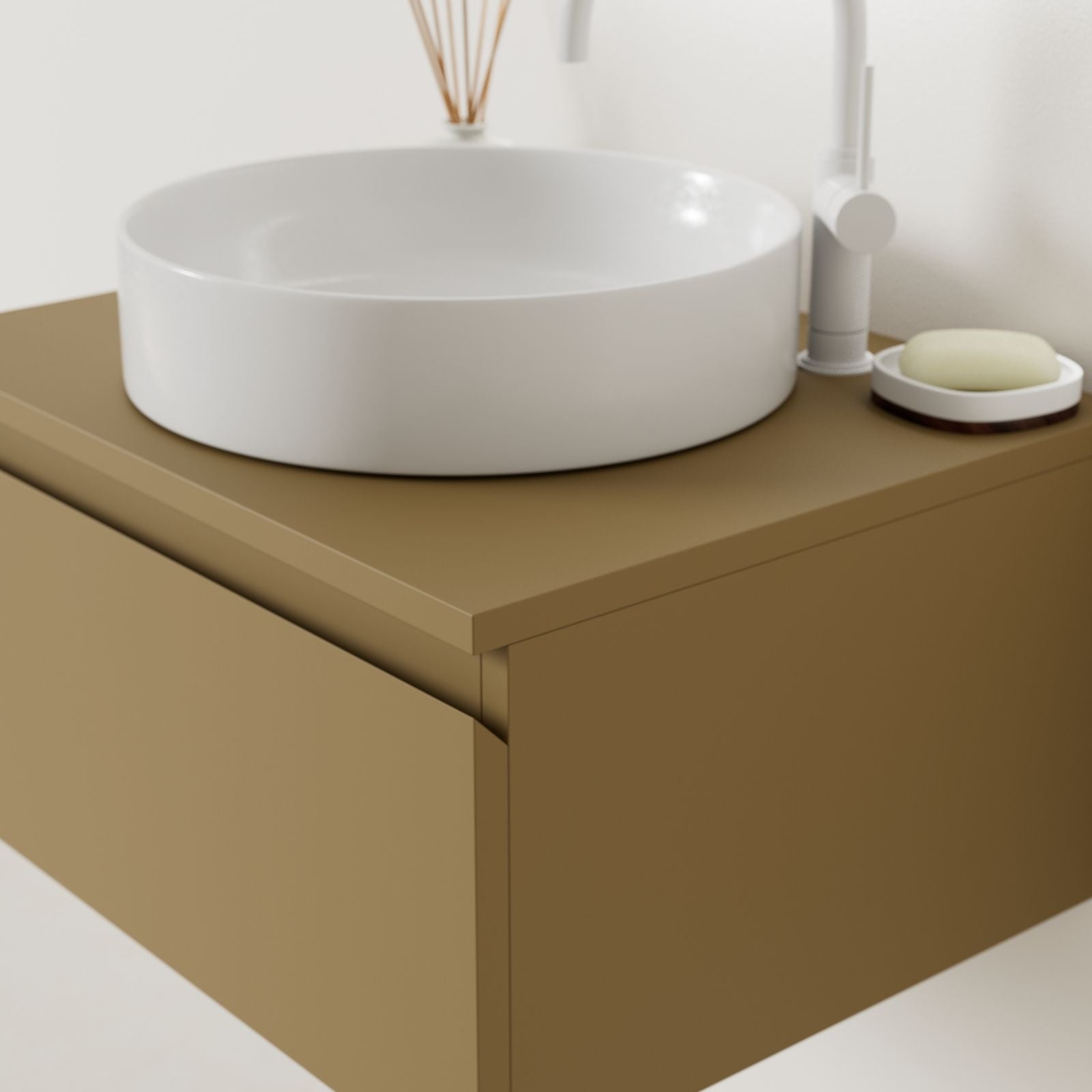 meuble salle de bain mino 60 cm ocre poignées intégrées avec vasque posé vue angle