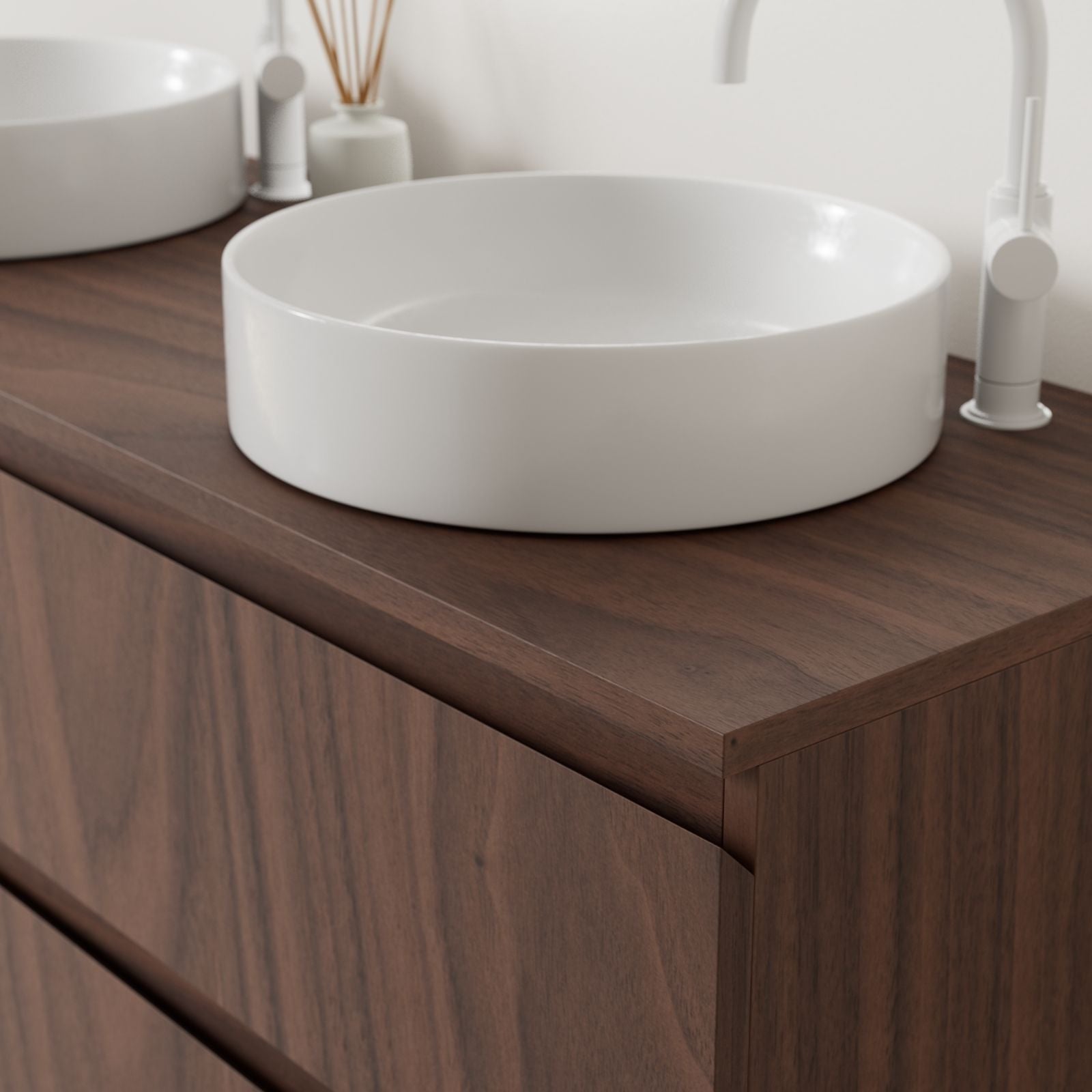 meuble salle de bain marco noyer 140 cm poignées intégrées avec double vasque à poser vue angle