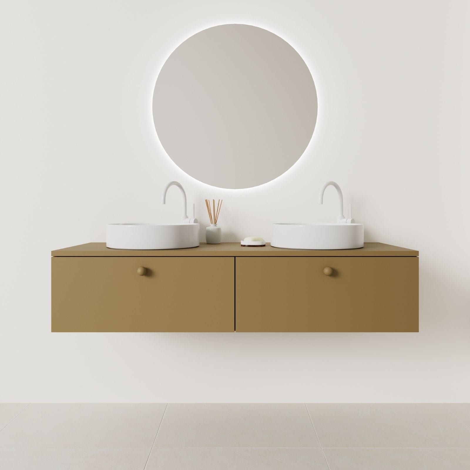 meuble salle de bain mino 140 cm double vasque suspendu ocre façade lisse vue face