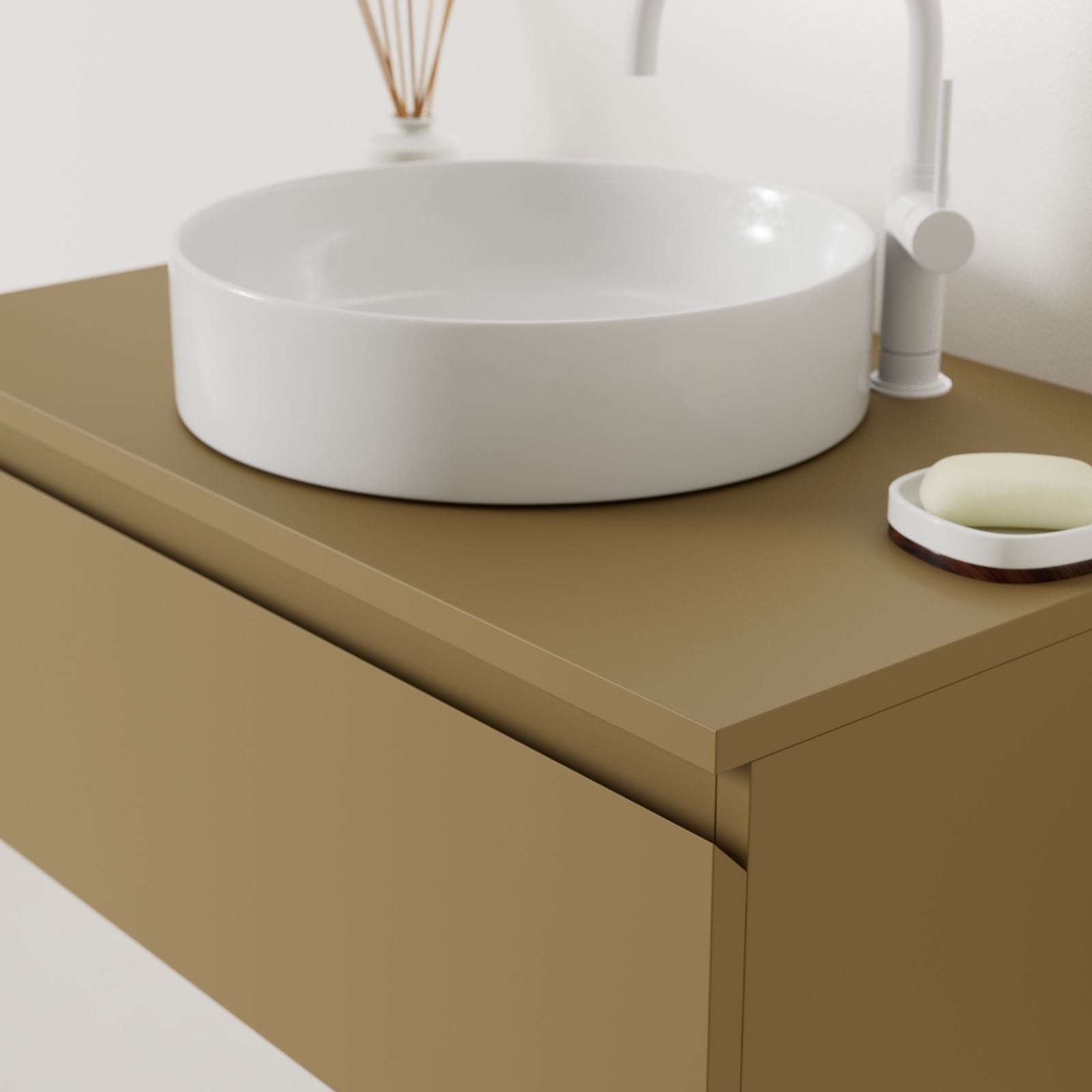 meuble salle de bain mino 80 cm ocre poignées intégrées avec vasque posé vue angle