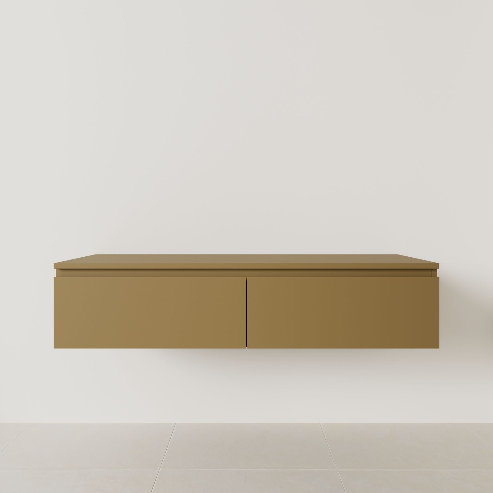 meuble salle de bain mino 140 cm double vasque suspendu ocre poignées intégrées vue face.