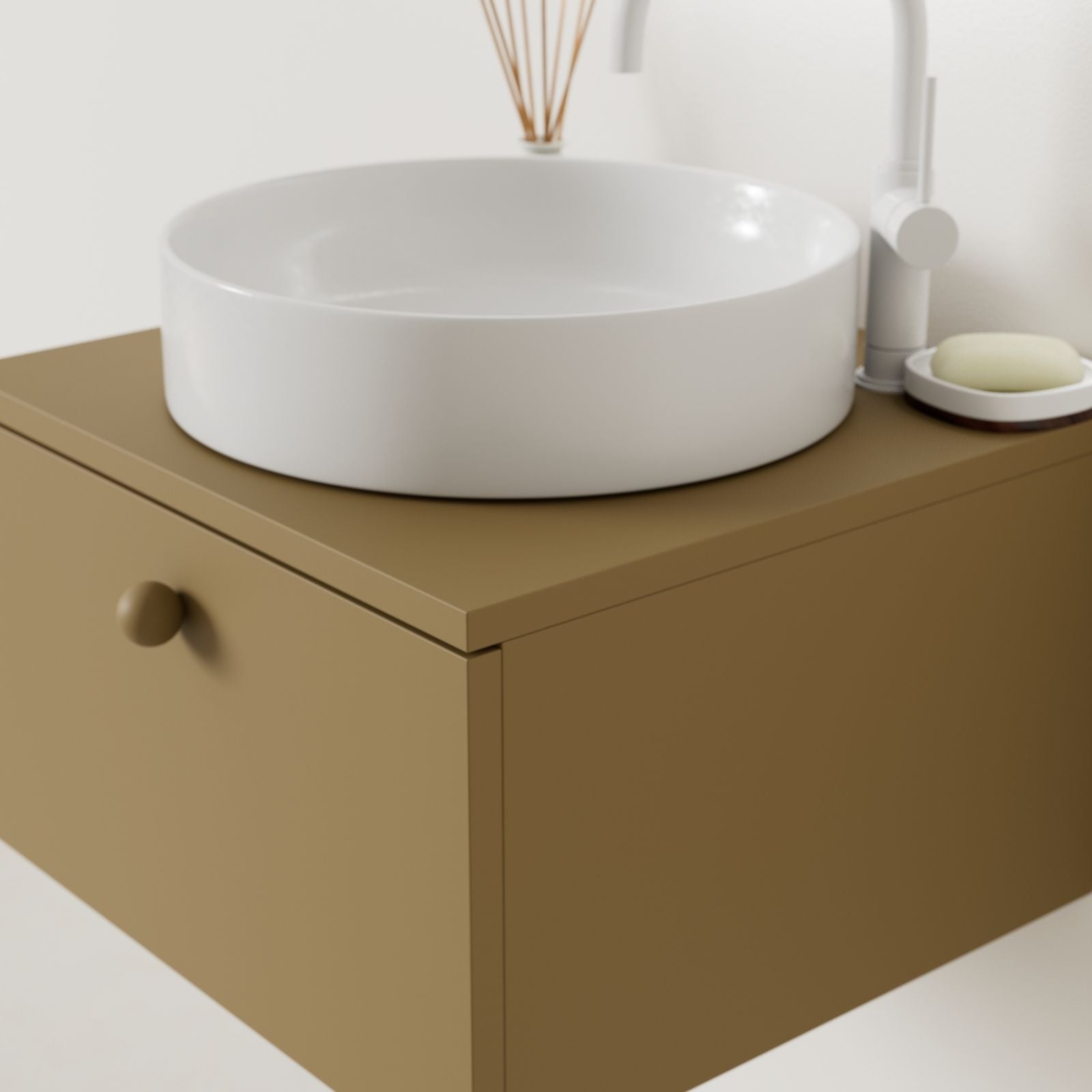 meuble salle de bain mino 50 cm ocre avec vasque posé vue angle