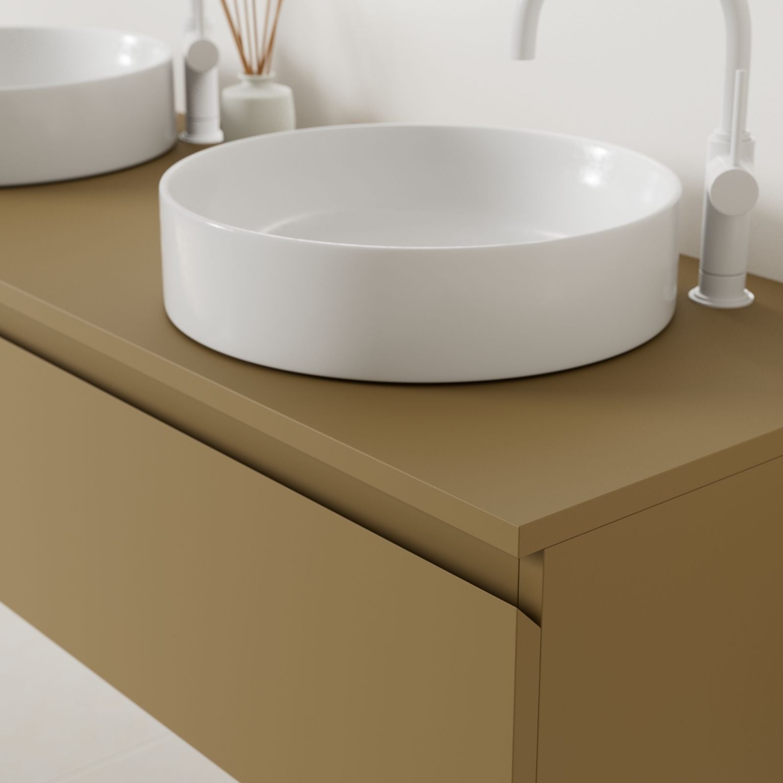 meuble salle de bain mino 140 cm ocre poignées intégrées avec double vasque à poser vue angle