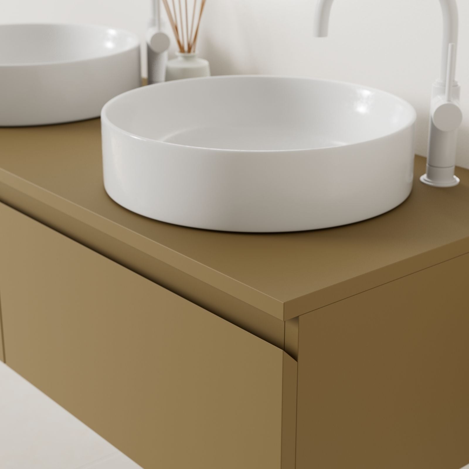 meuble salle de bain mino 120 cm ocre poignées intégrées avec double vasque à poser vue angle