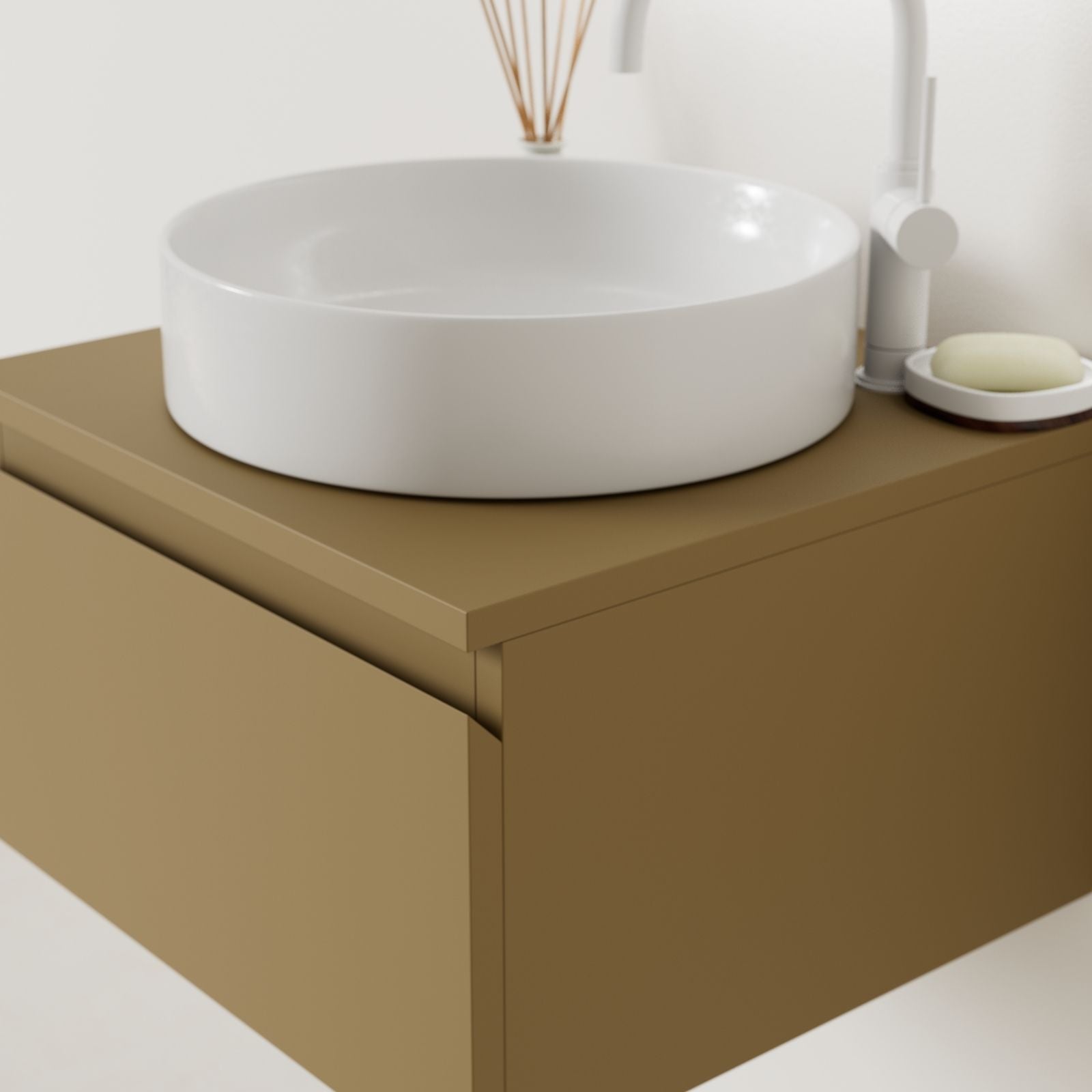 meuble salle de bain mino 50 cm ocre poignées intégrées avec vasque posé vue angle