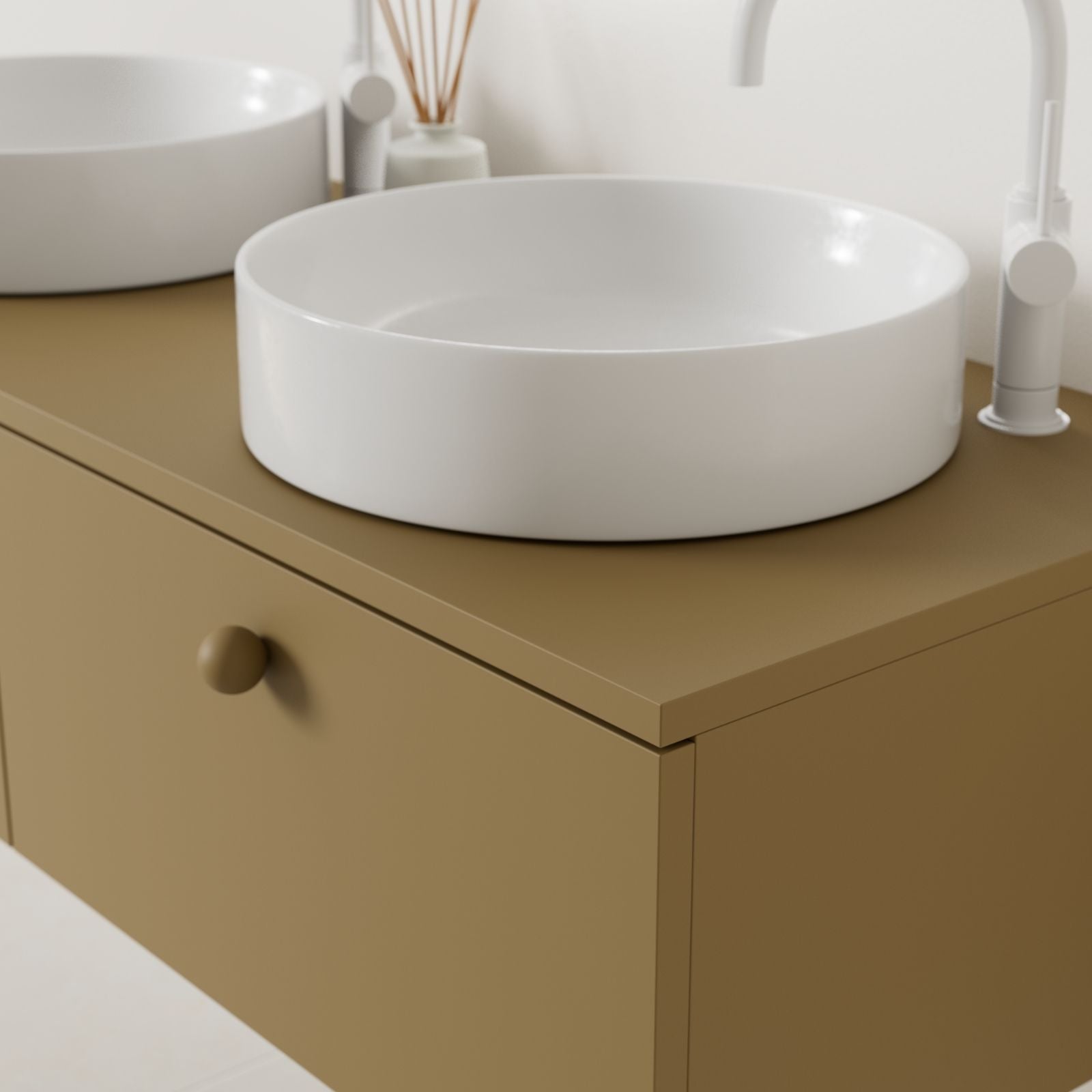 meuble salle de bain mino 120 cm ocre double vasque à poser vue angle