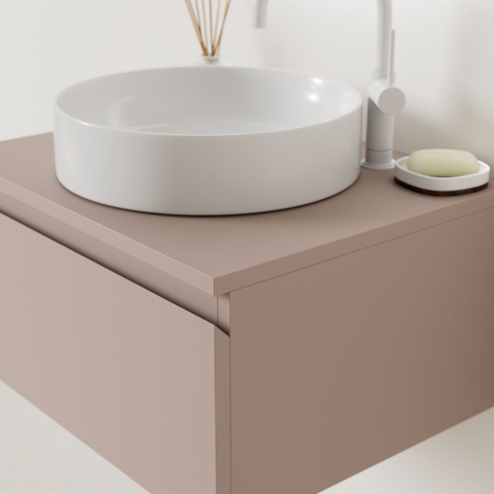 meuble salle de bain mino 60 cm parme poignées intégrées avec vasque posé vue angle