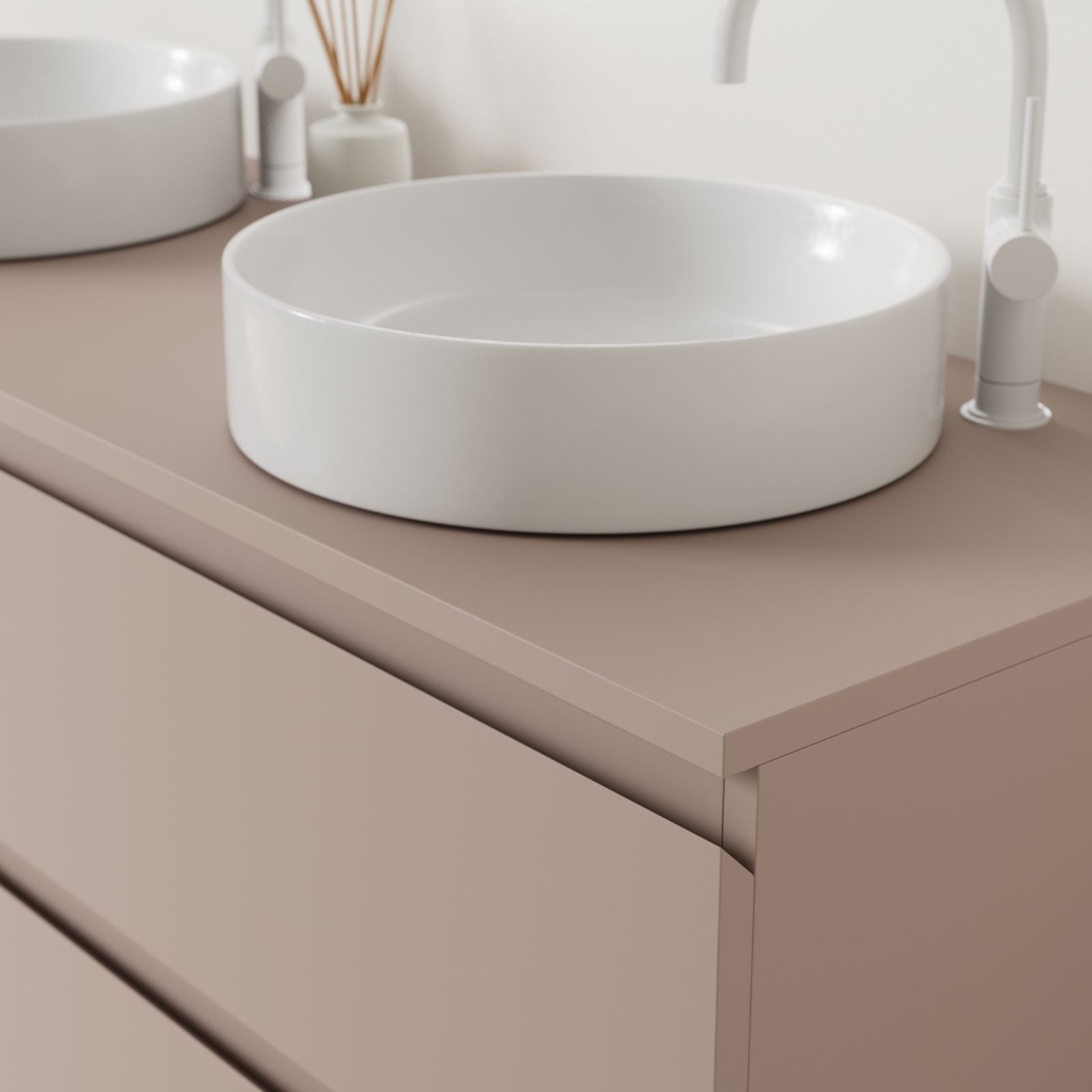 meuble salle de bain marco parme 140 cm poignées intégrées avec double vasque à poser vue angle