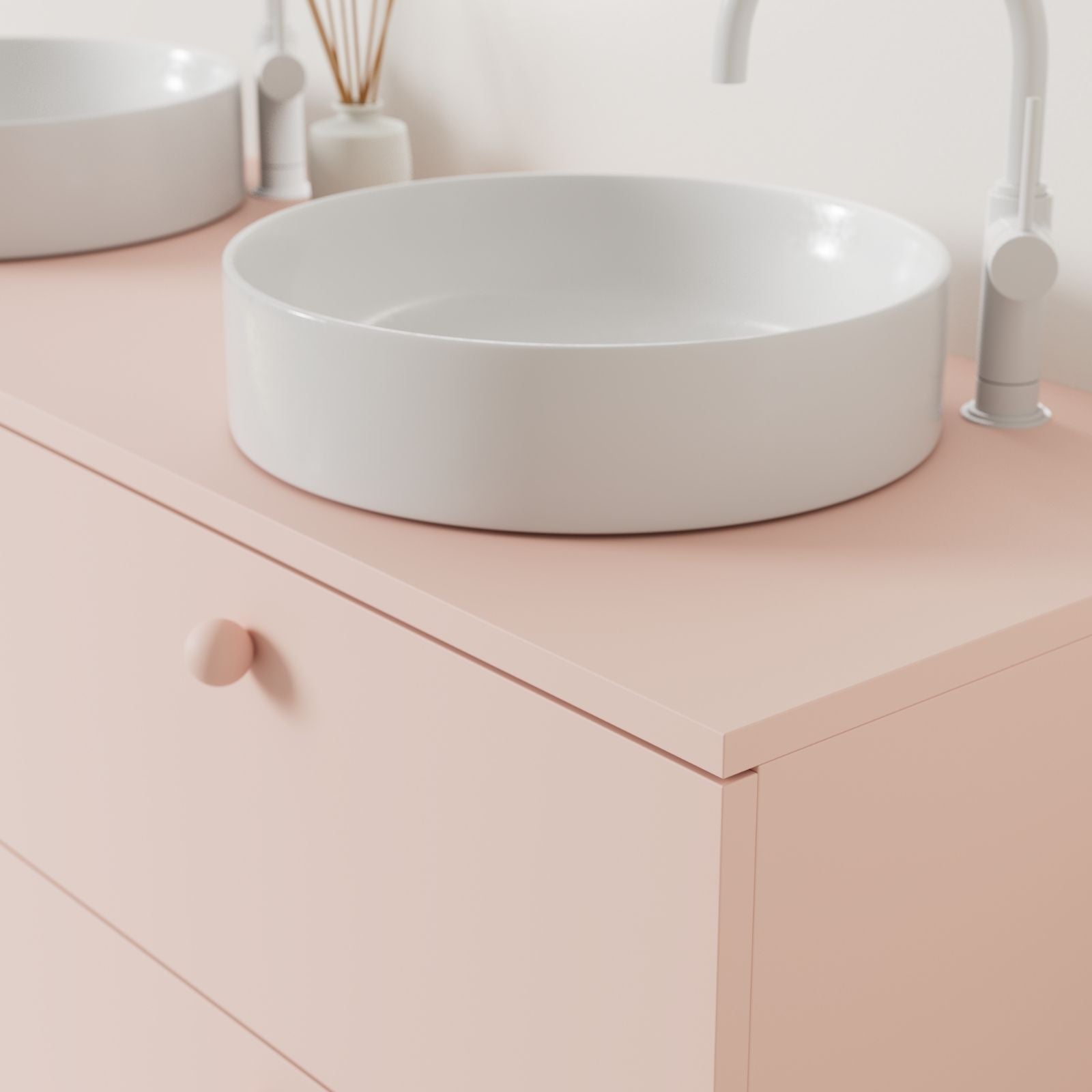 meuble salle de bain marco 140 cm rose double vasque à poser vue angle