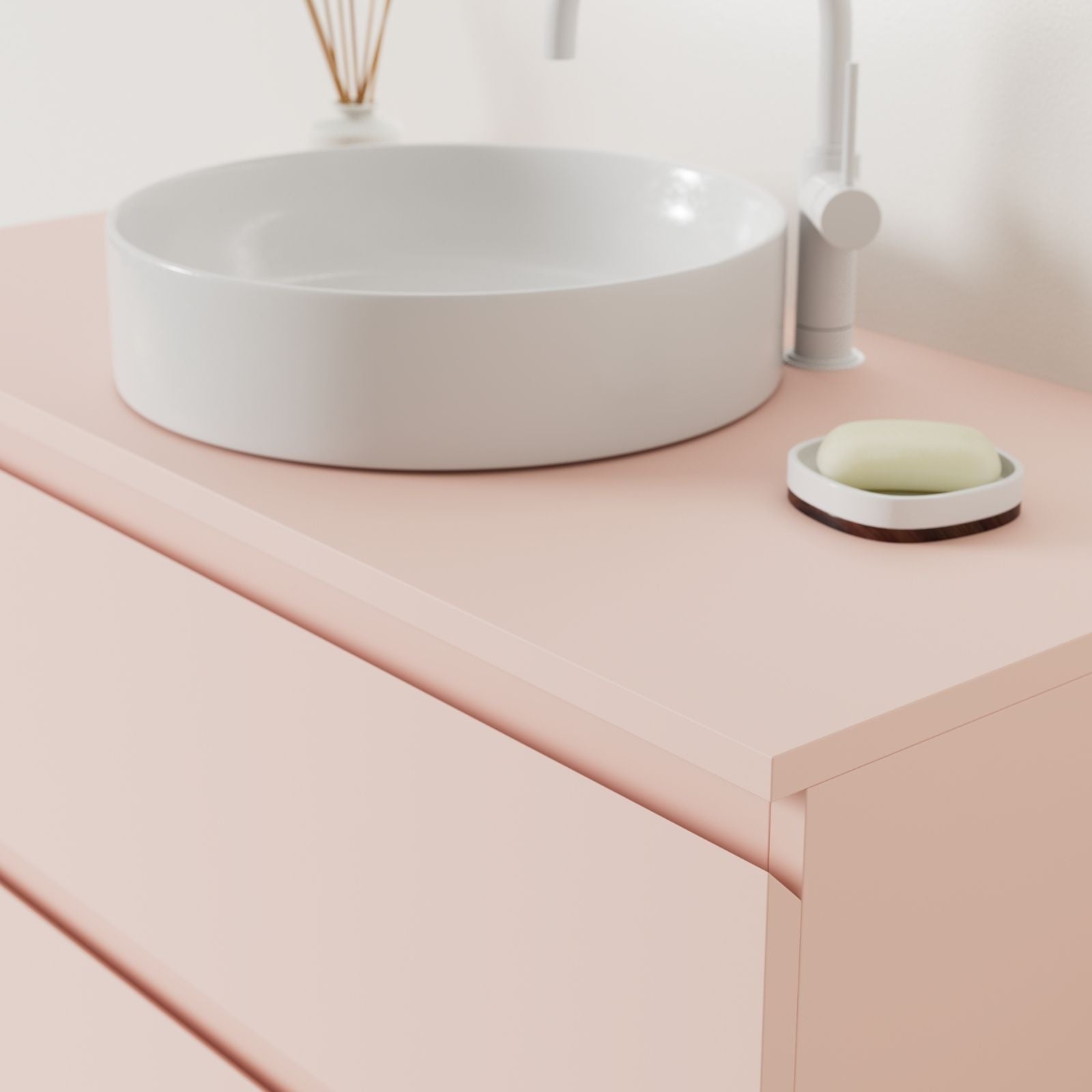 meuble salle de bain marco rose 100 cm façade prise de main vue angle