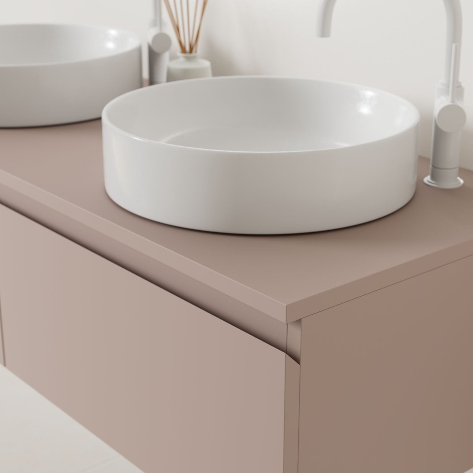 meuble salle de bain mino 120 cm parme poignées intégrées avec double vasque à poser vue angle
