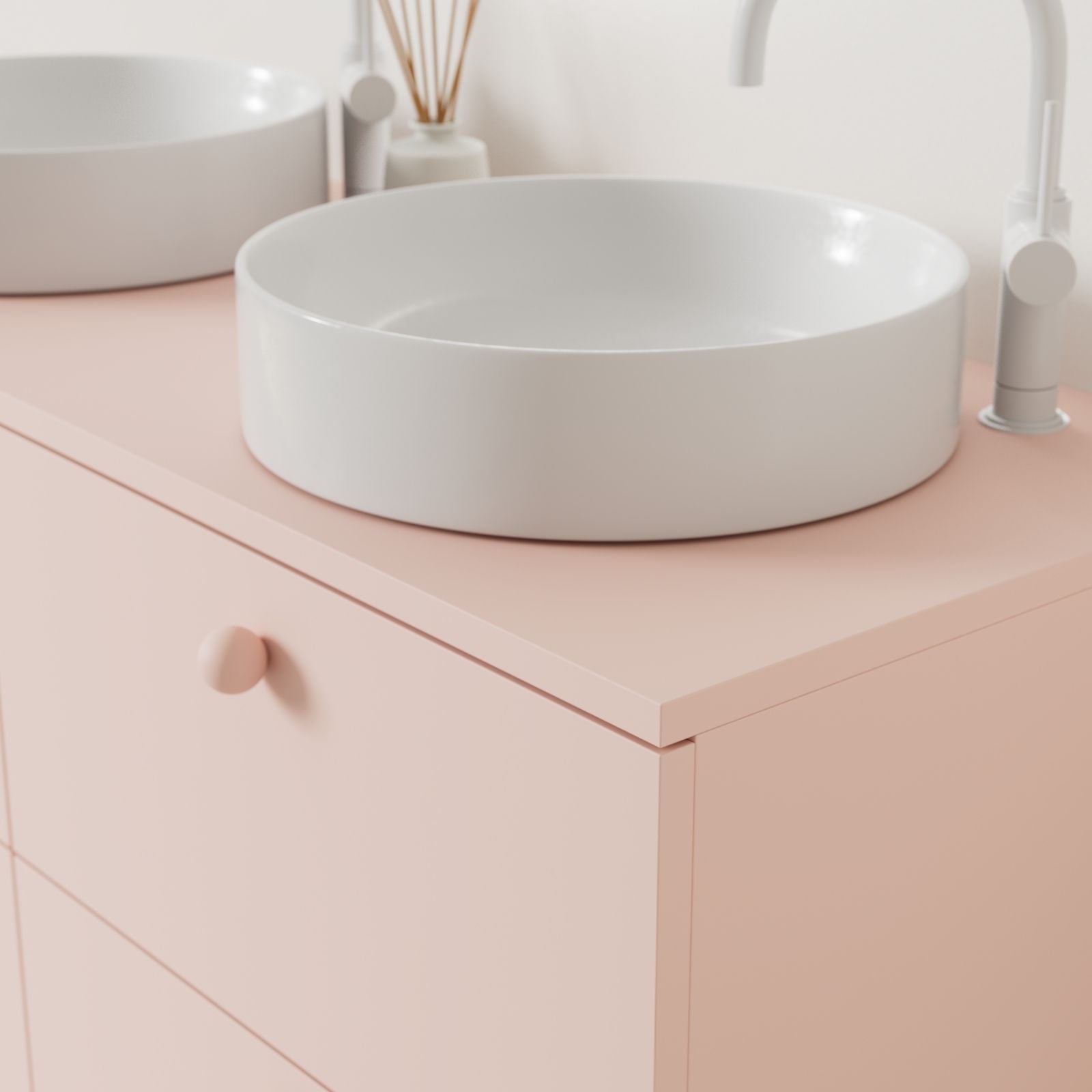 meuble salle de bain marco 120 cm rose double vasque à poser vue angle