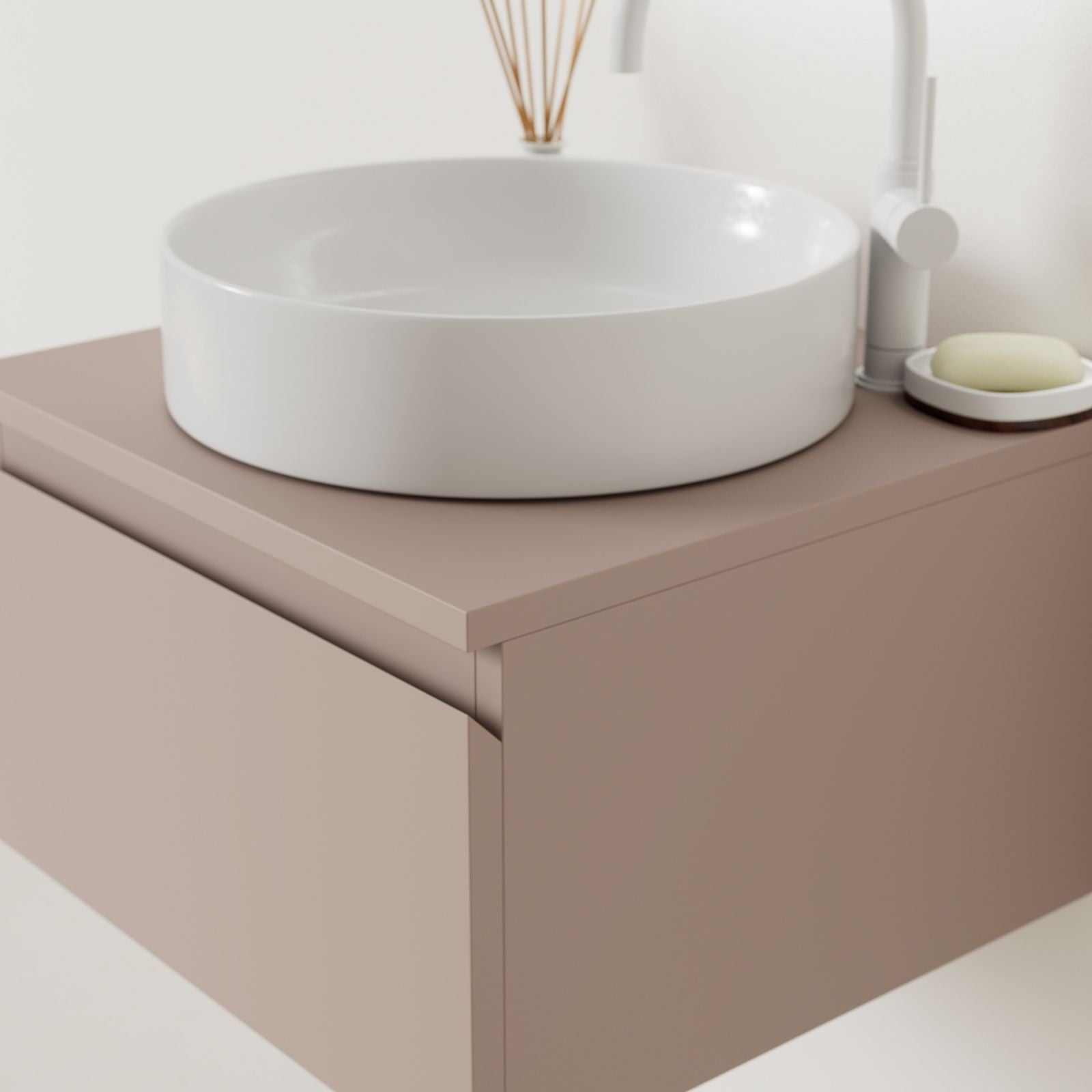 meuble salle de bain mino 50 cm parme poignées intégrées avec vasque posé vue angle