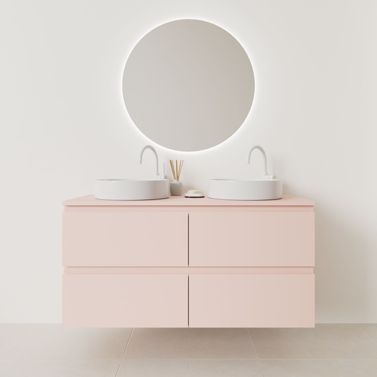 meuble salle de bain marco 120 cm double vasque suspendu rose prise de main vue face