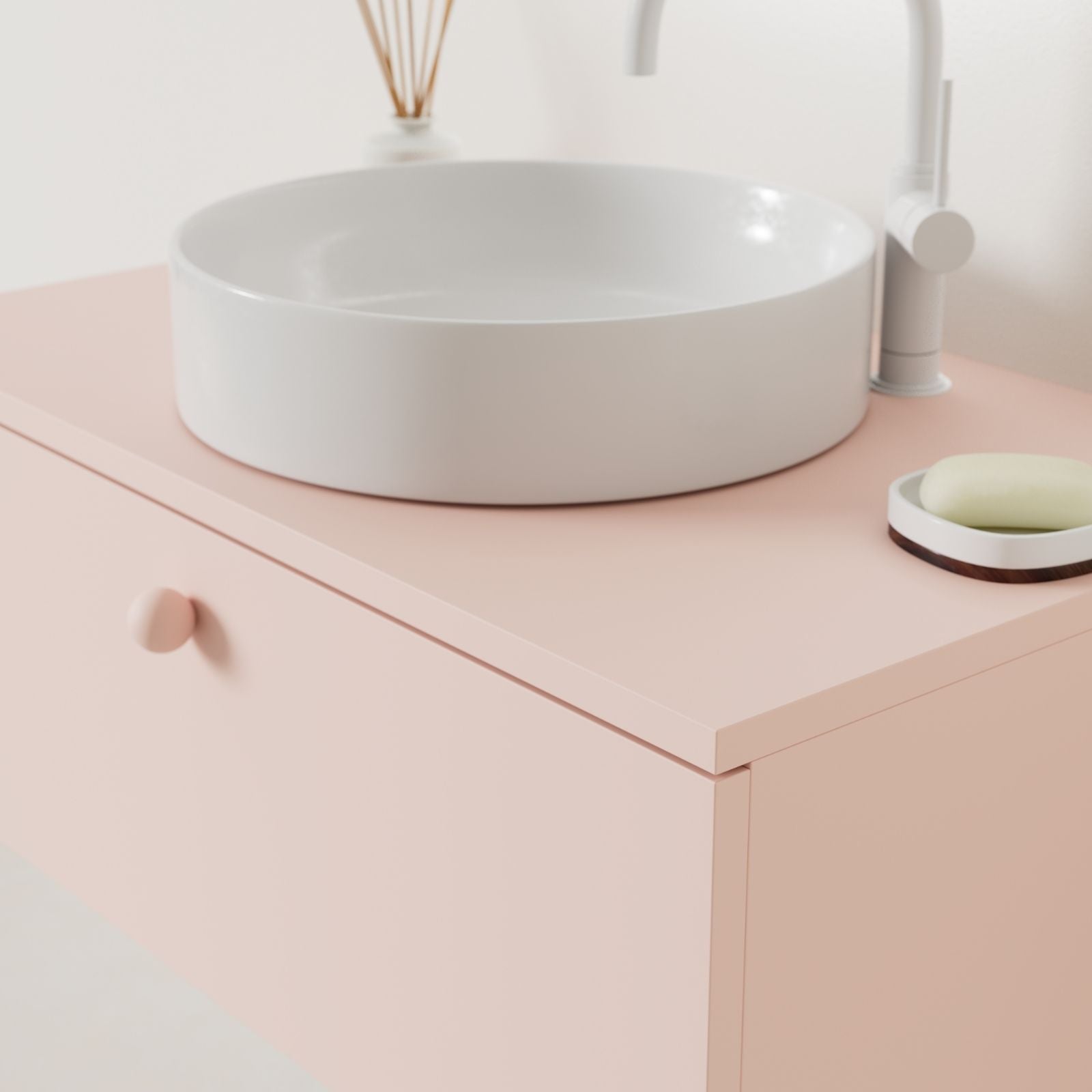 meuble salle de bain mino 80 cm rose avec vasque posé vue angle