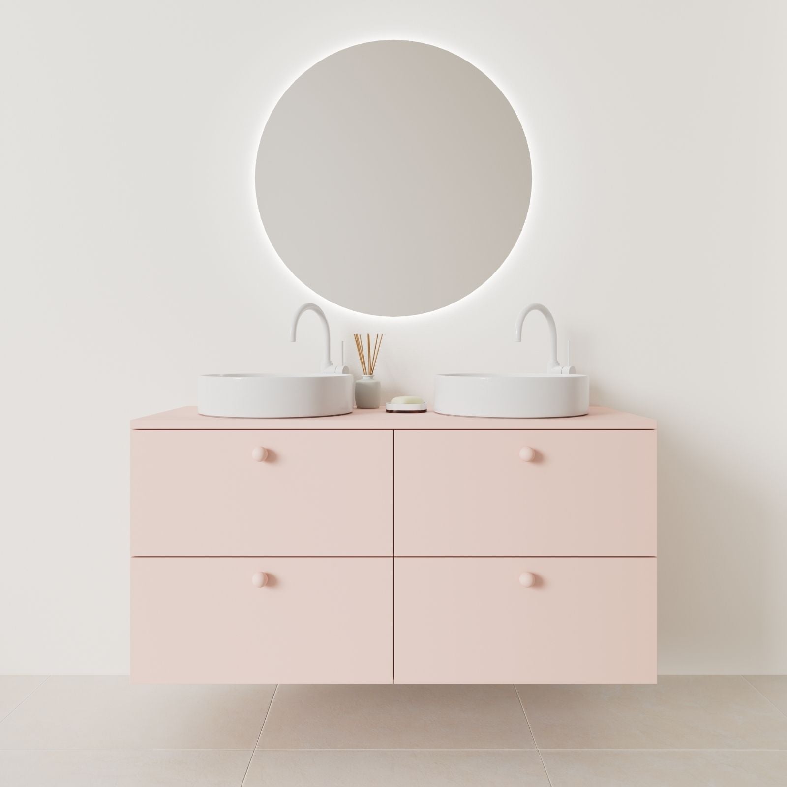 meuble salle de bain marco 120 cm double vasque suspendu rose façade lisse vue face