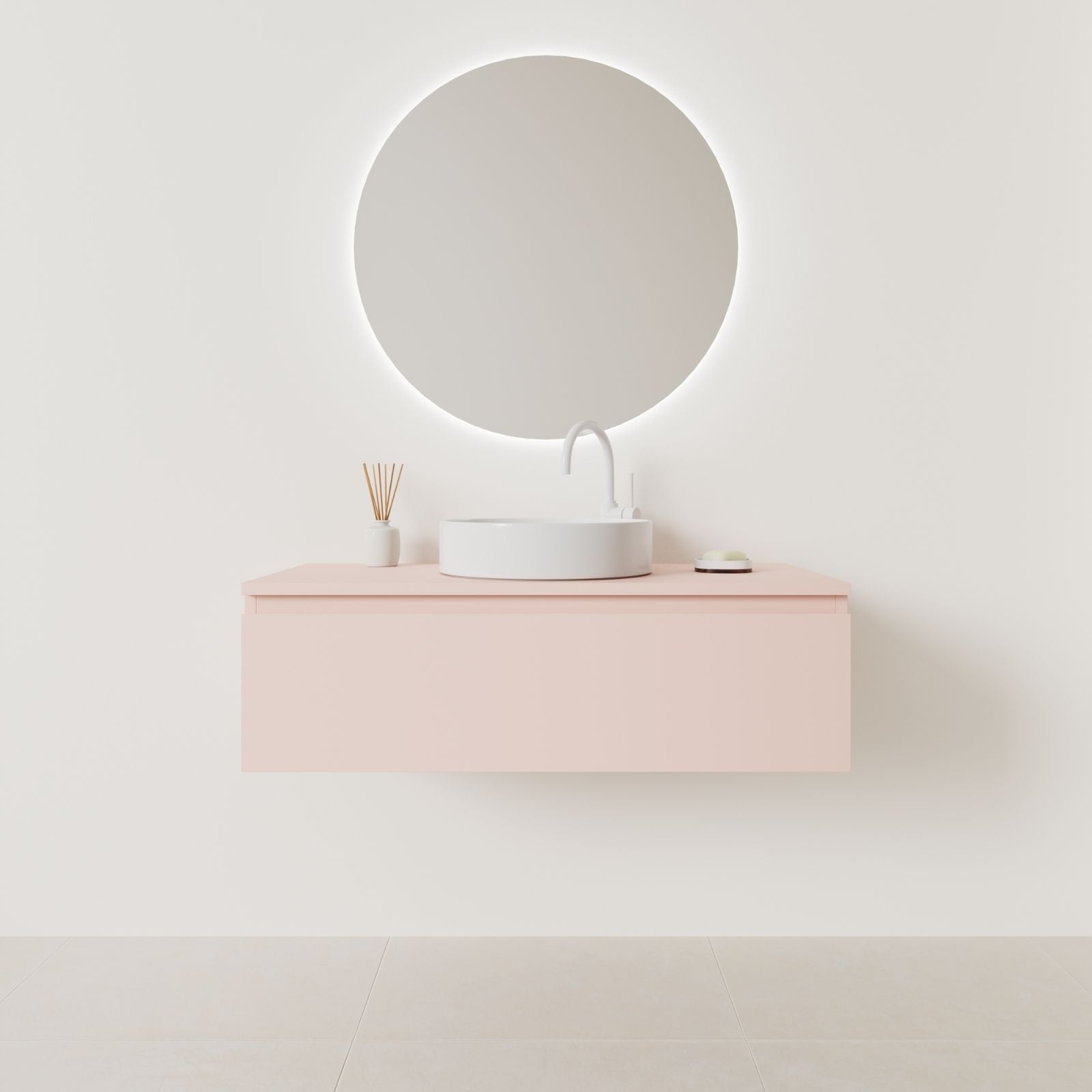 meuble salle de bain mino 100 cm rose suspendu  prise de main vue face