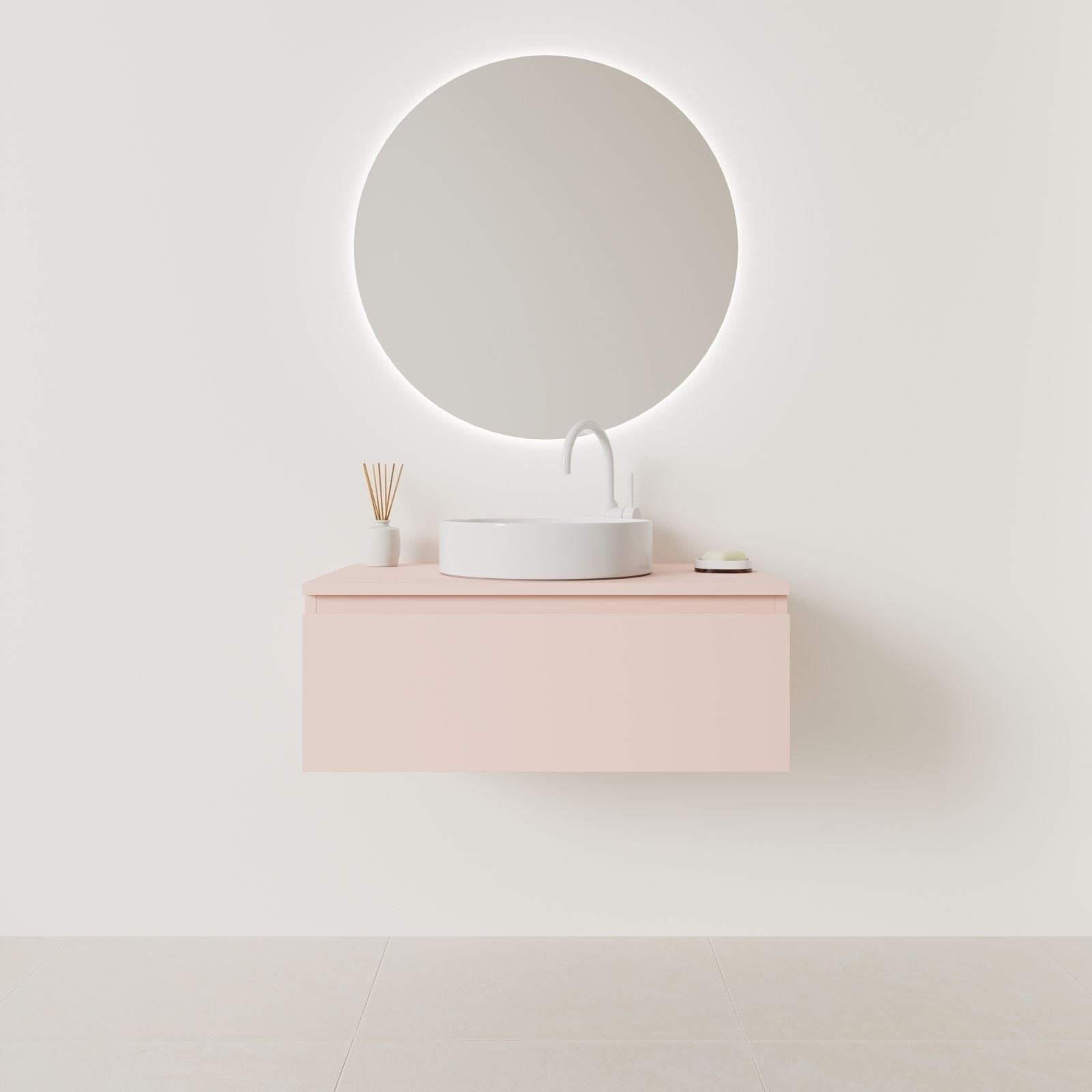 meuble salle de bain mino 80 cm rose façade prise de main vue face