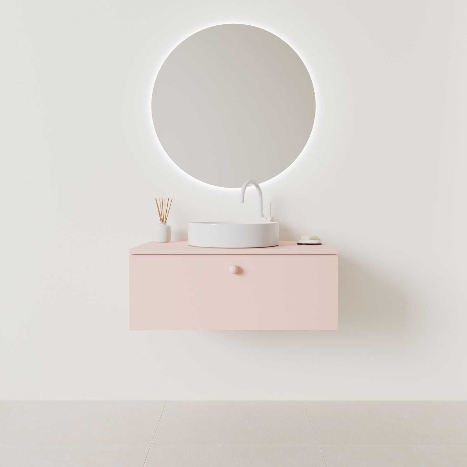 meuble salle de bain mino 80 cm rose façade lisse vue face