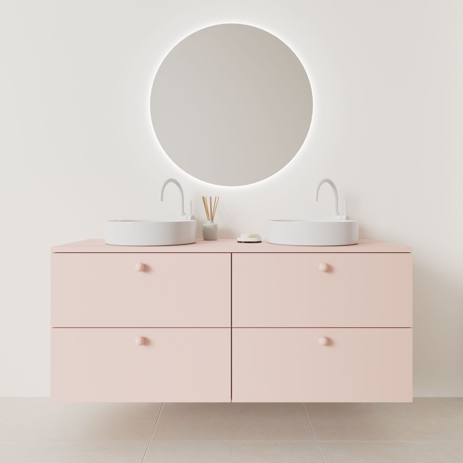 meuble salle de bain marco 140 cm double vasque suspendu rose façade lisse vue face