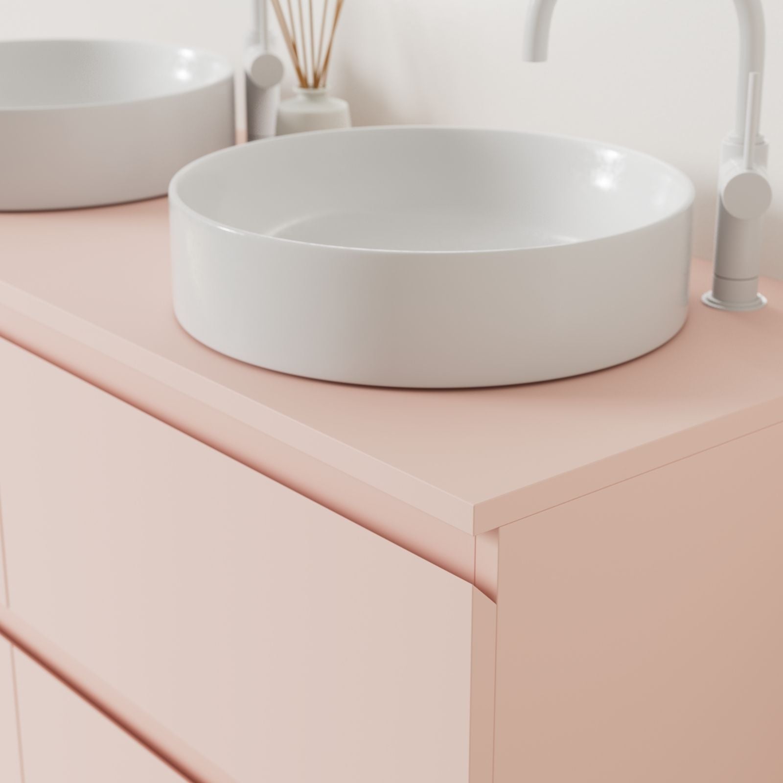 meuble salle de bain marco kaki 120 cm poignées intégrées avec double vasque à poser vue angle