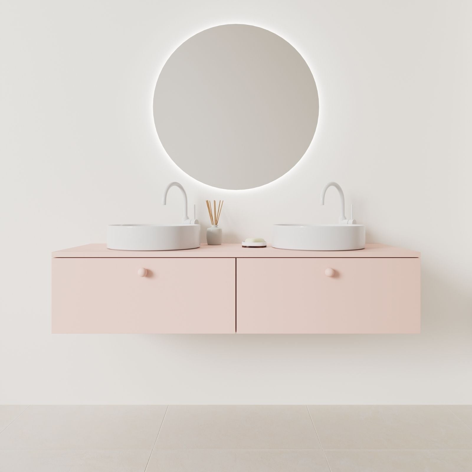 meuble salle de bain mino 140 cm double vasque suspendu rose façade lisse vue face