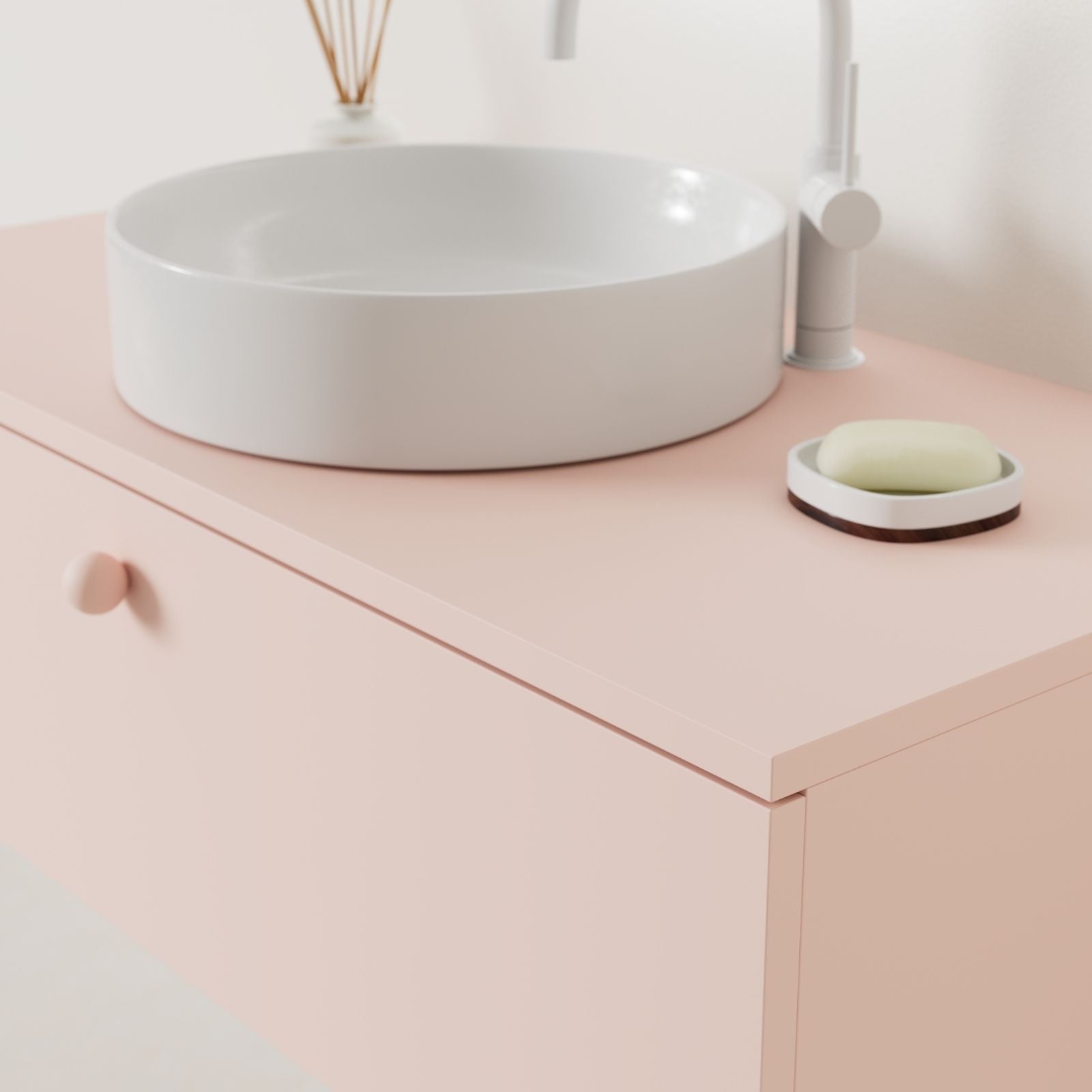 meuble salle de bain mino 100 cm rose avec vasque posé vue angle