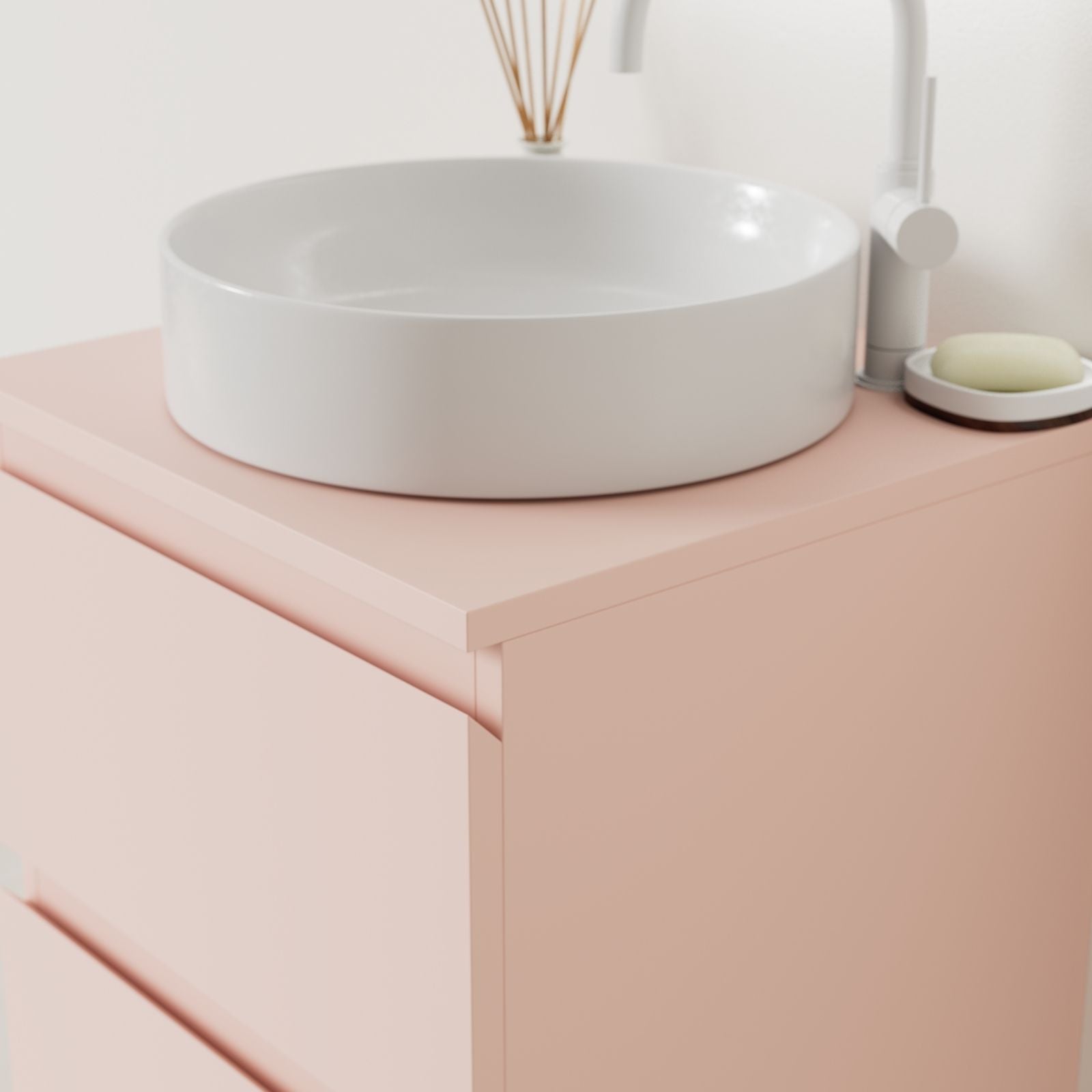 meuble salle de bain marco rose 50 cm façade prise de main vue angle