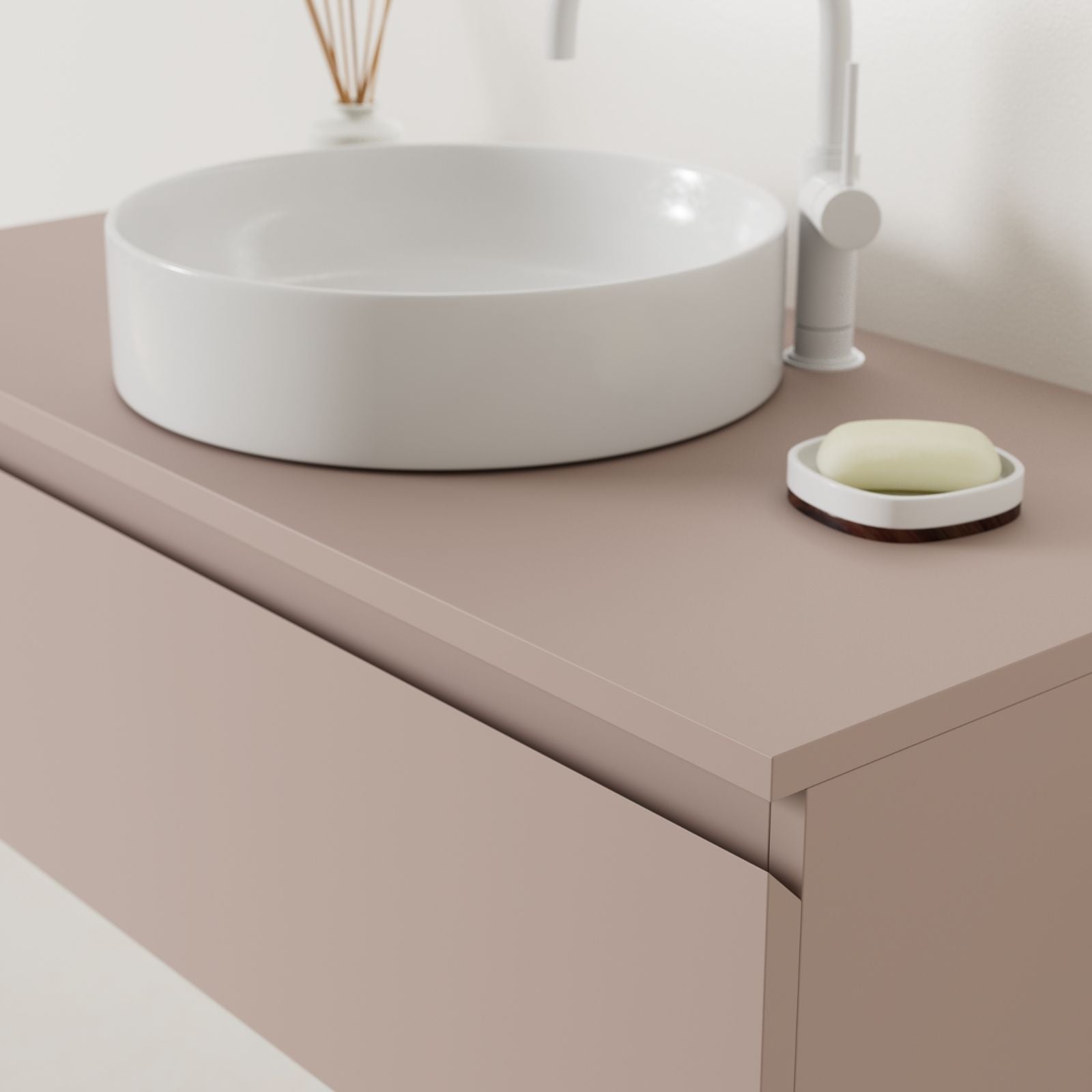 meuble salle de bain mino 100 cm parme poignées intégrées avec vasque posé vue angle