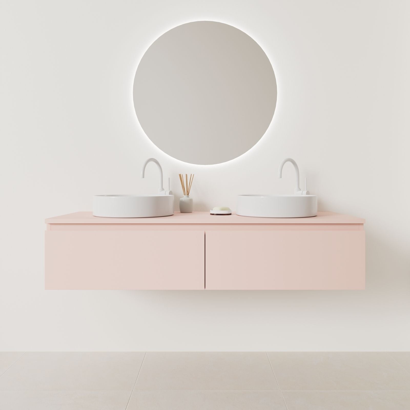 meuble salle de bain mino 140 cm double vasque suspendu rose prise de main vue face