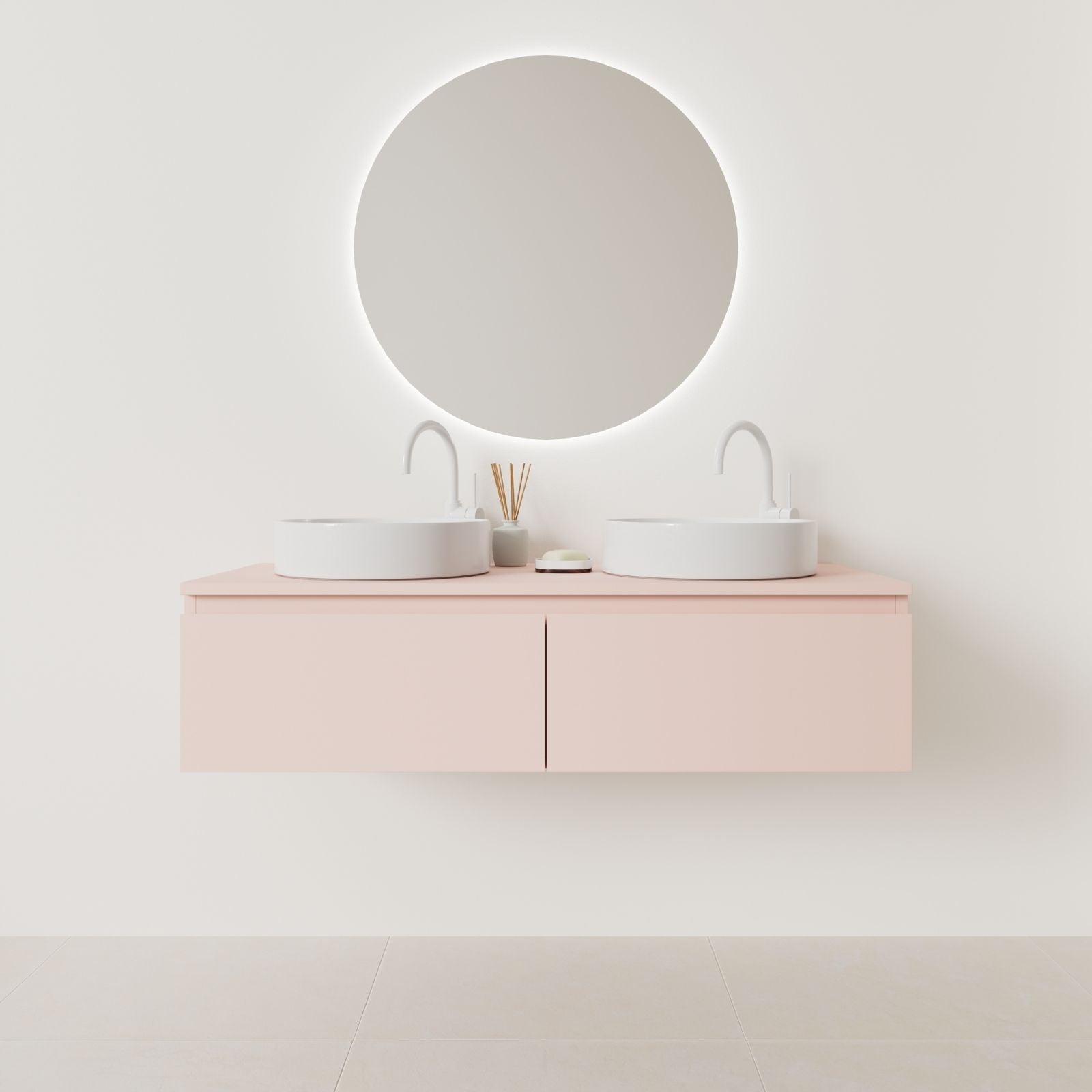 meuble salle de bain mino 120 cm double vasque suspendu rose prise de main vue face