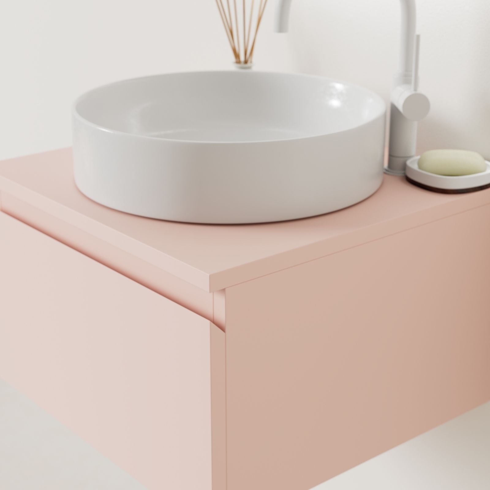 meuble salle de bain mino 50 cm rose poignées intégrées avec vasque posé vue angle