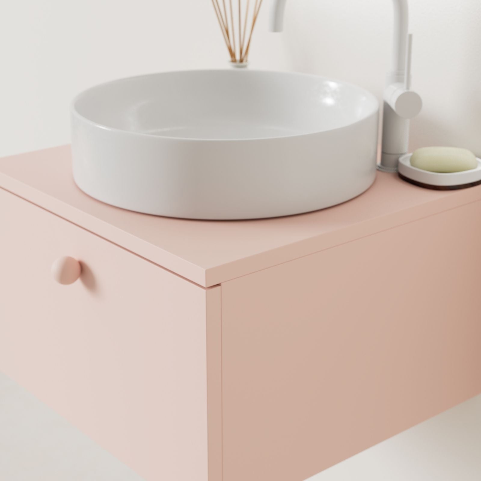 meuble salle de bain mino 50 cm rose avec vasque posé vue angle