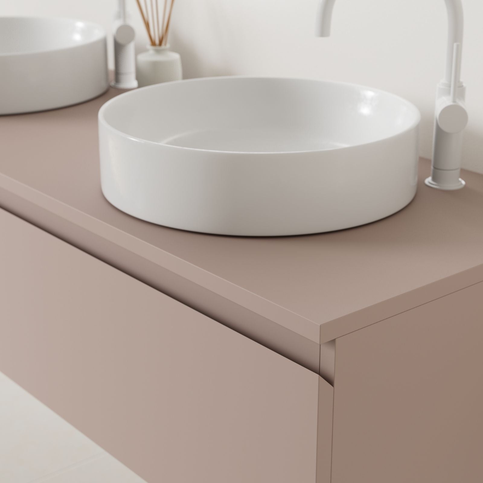 meuble salle de bain mino 140 cm parme poignées intégrées avec double vasque à poser vue angle
