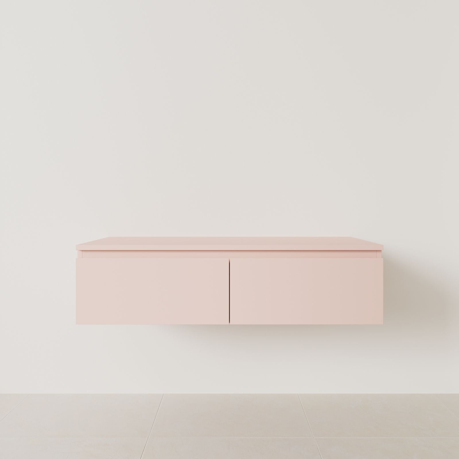 meuble salle de bain mino 120 cm double vasque suspendu rose poignées intégrées vue face.