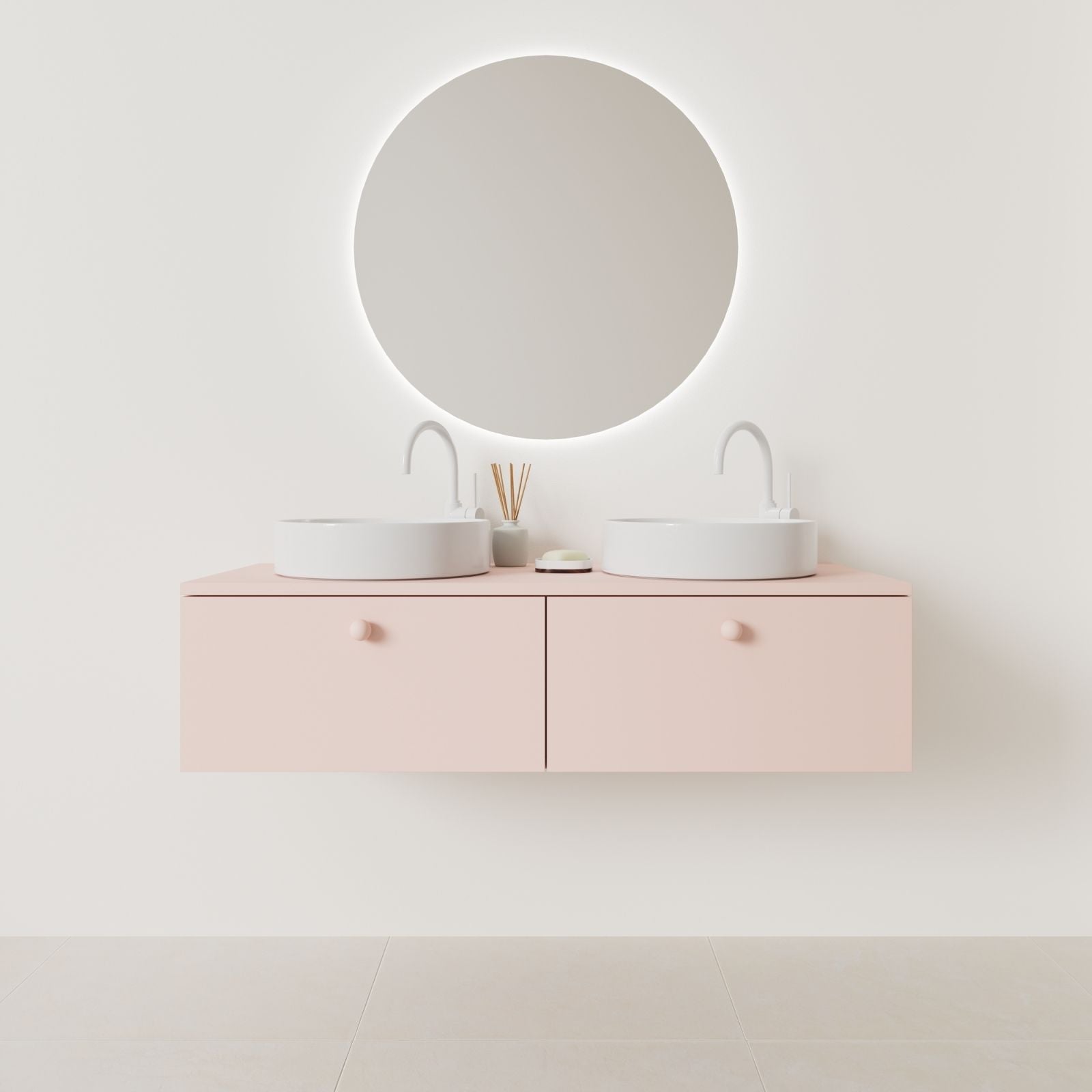 meuble salle de bain mino 120 cm double vasque suspendu rose façade lisse vue face