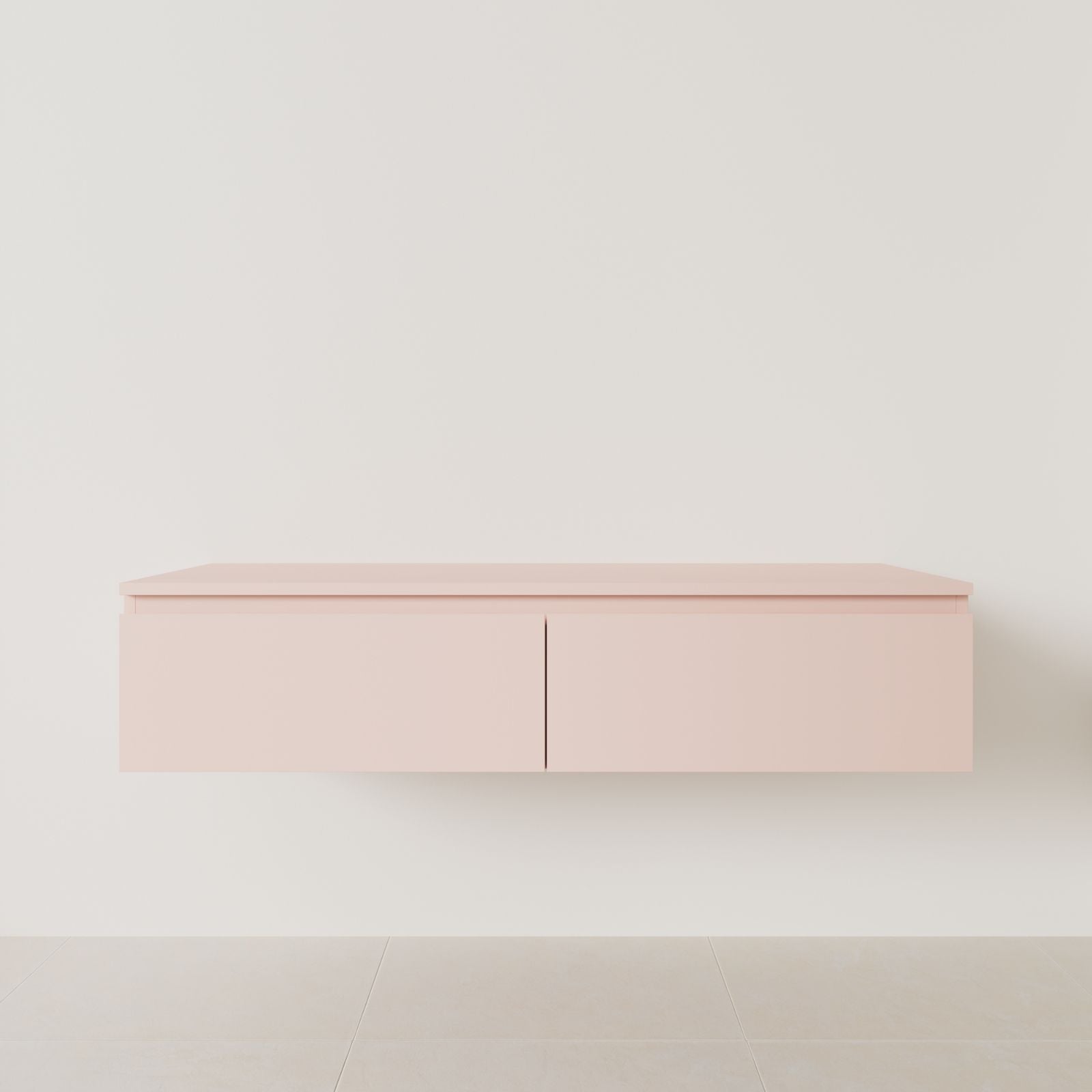 meuble salle de bain mino 140 cm double vasque suspendu rose poignées intégrées vue face.