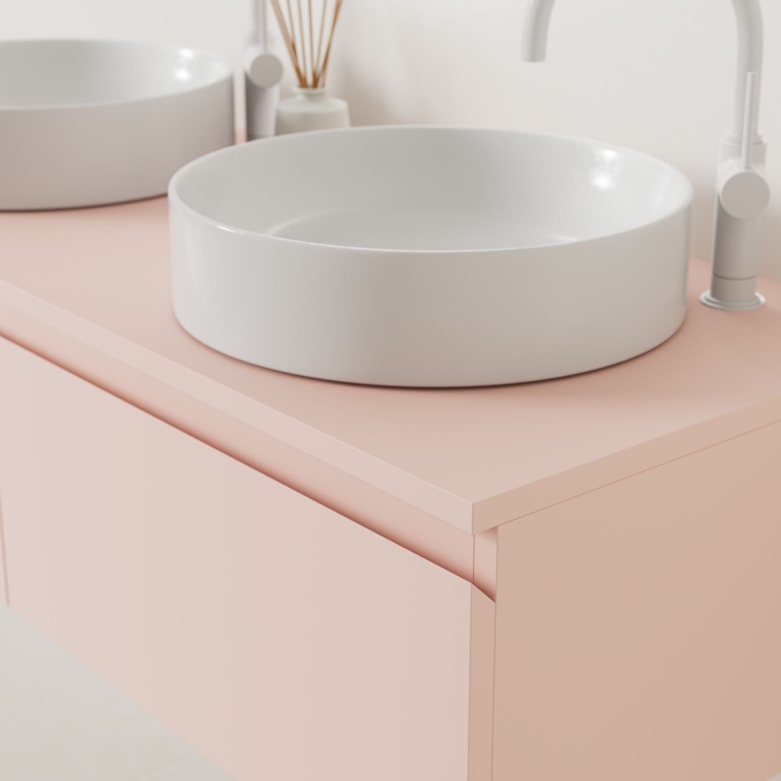 meuble salle de bain mino 120 cm rose poignées intégrées avec double vasque à poser vue angle