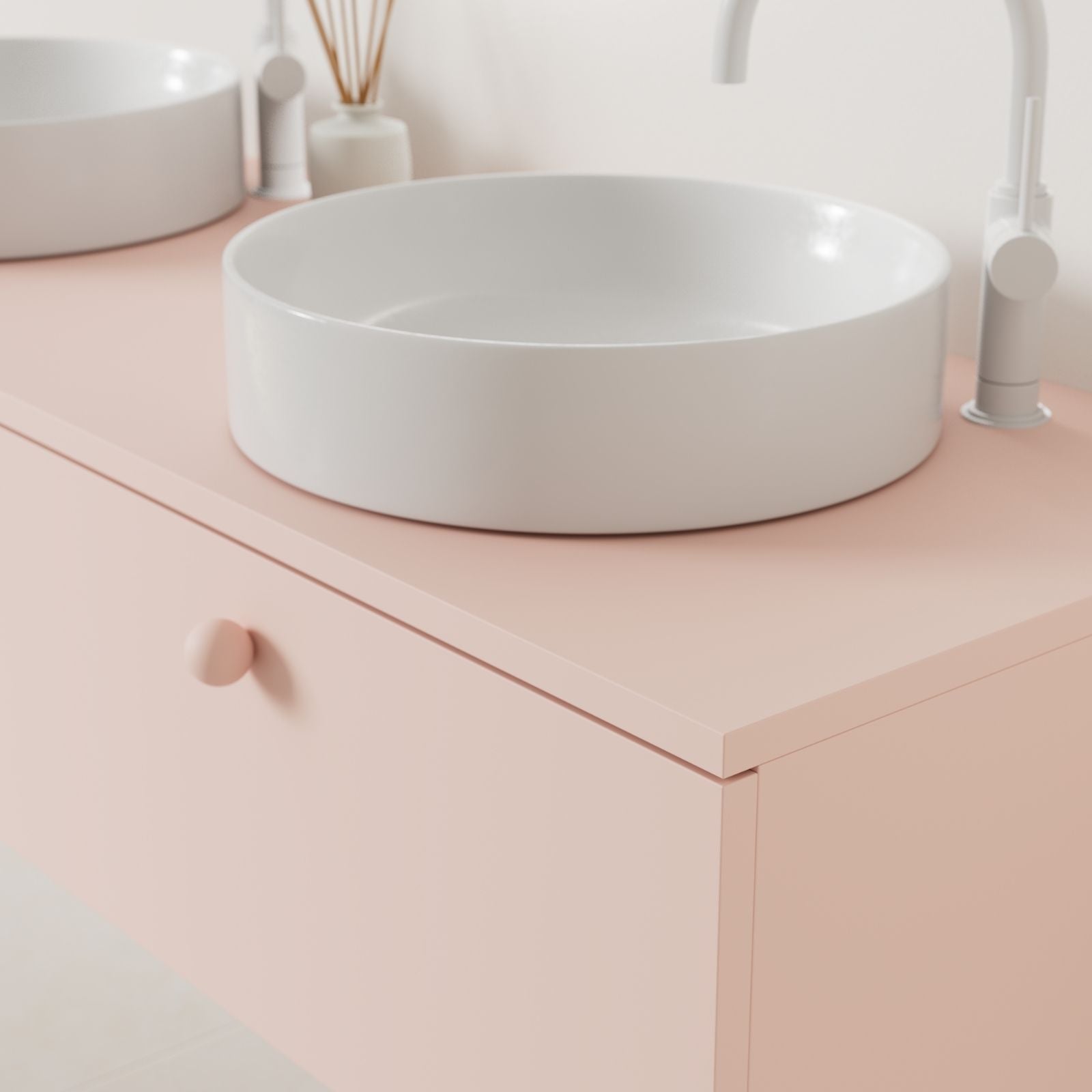 meuble salle de bain mino 140 cm rose double vasque à poser vue angle