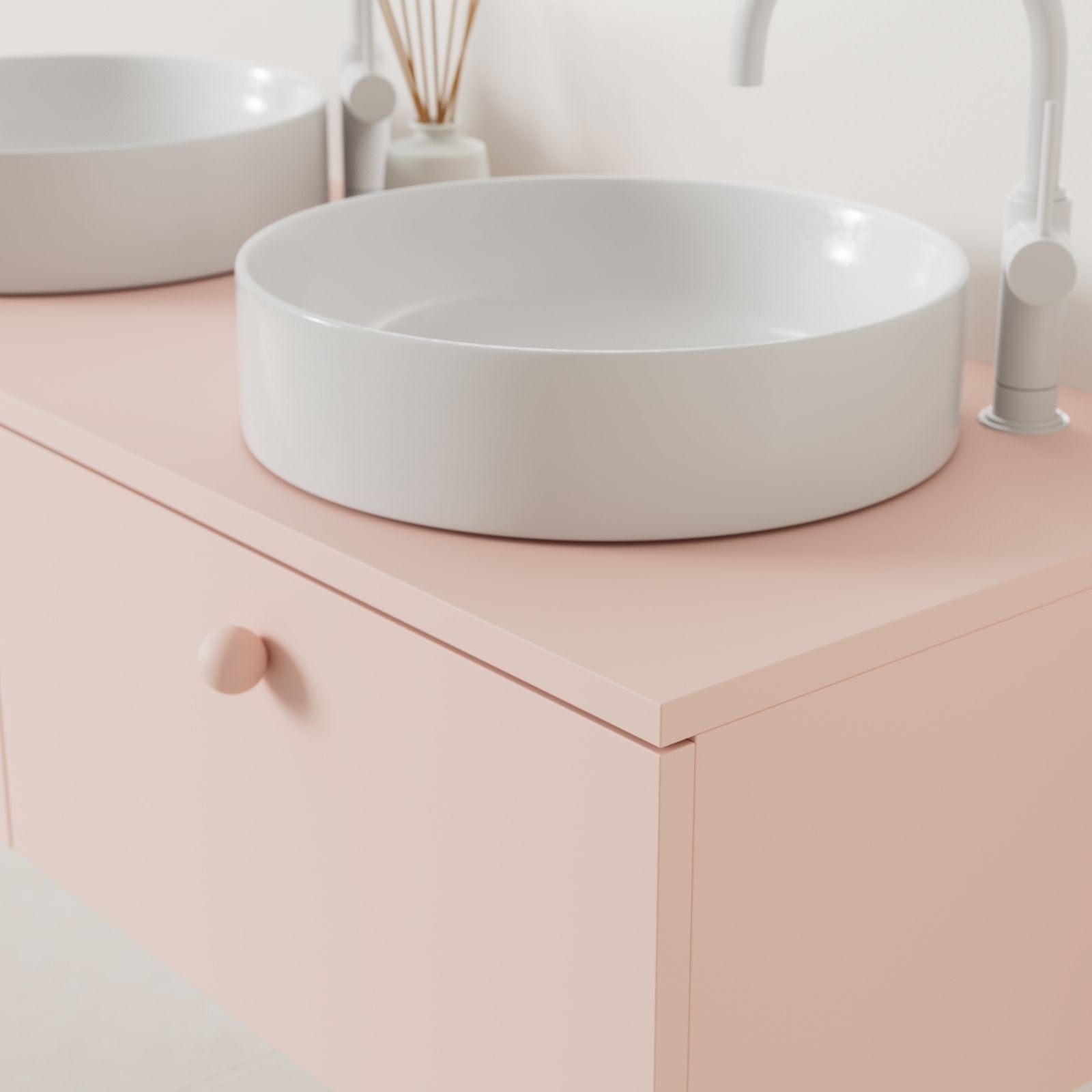 meuble salle de bain mino 120 cm rose double vasque à poser vue angle