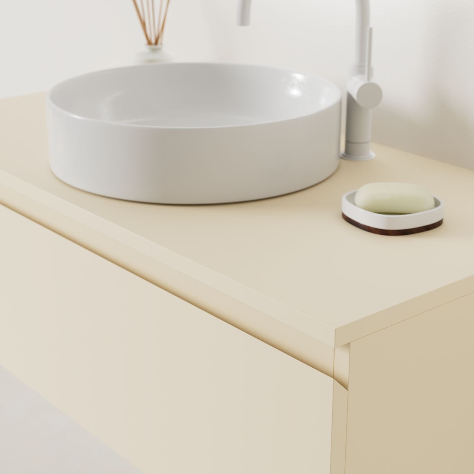 meuble salle de bain mino 100 cm sable poignées intégrées avec vasque posé vue angle