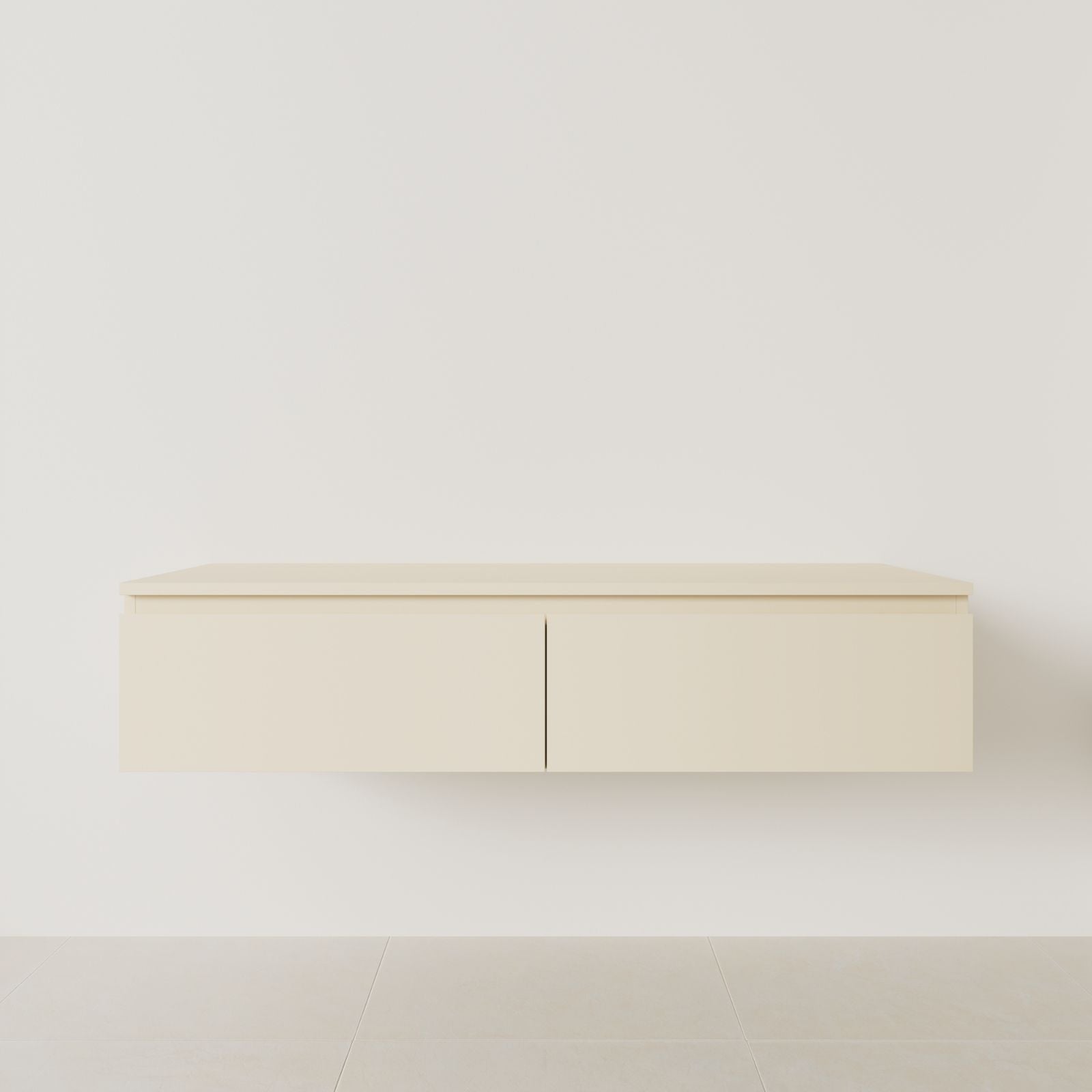 meuble salle de bain mino 140 cm double vasque suspendu sable poignées intégrées vue face.
