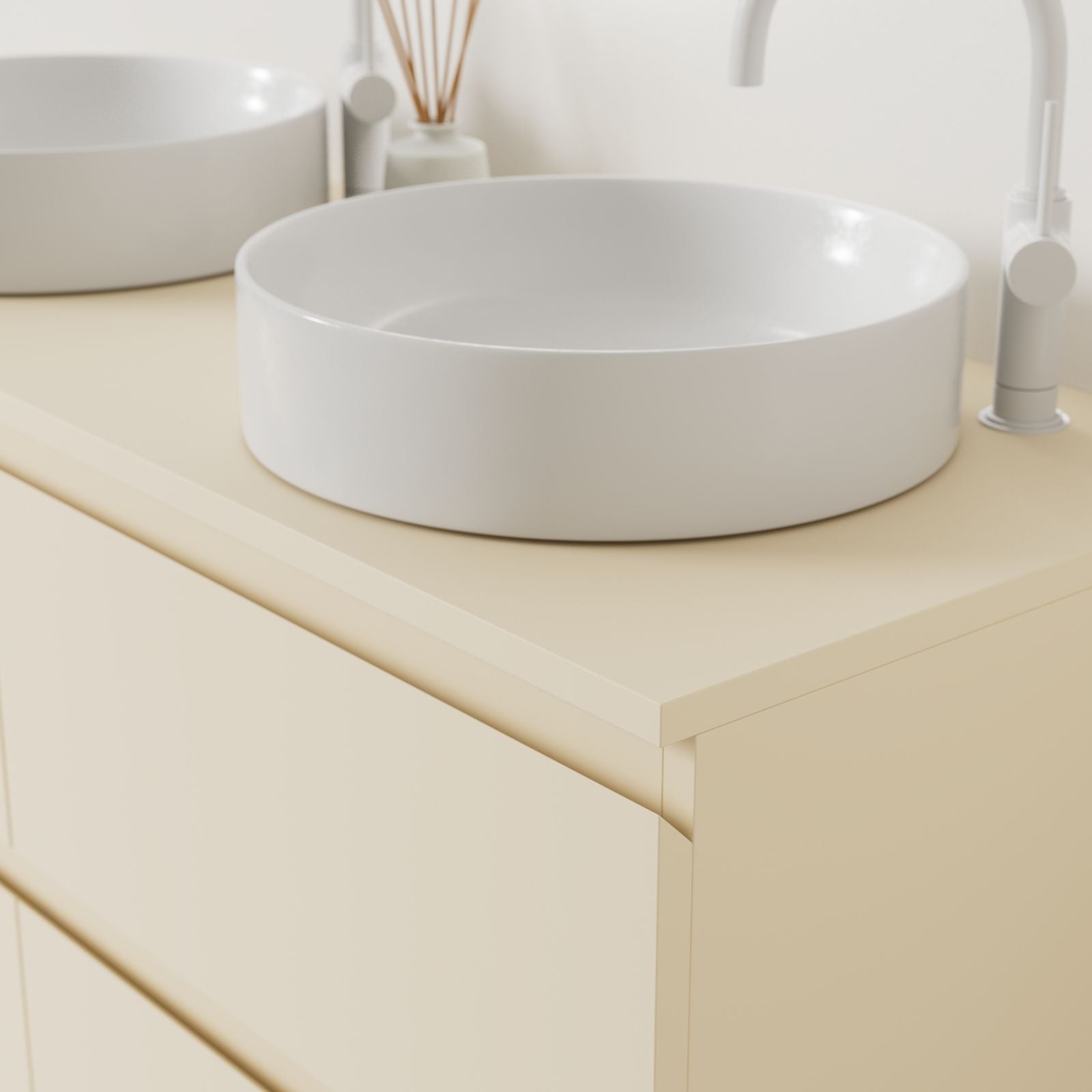 meuble salle de bain marco sable 120 cm poignées intégrées avec double vasque à poser vue angle